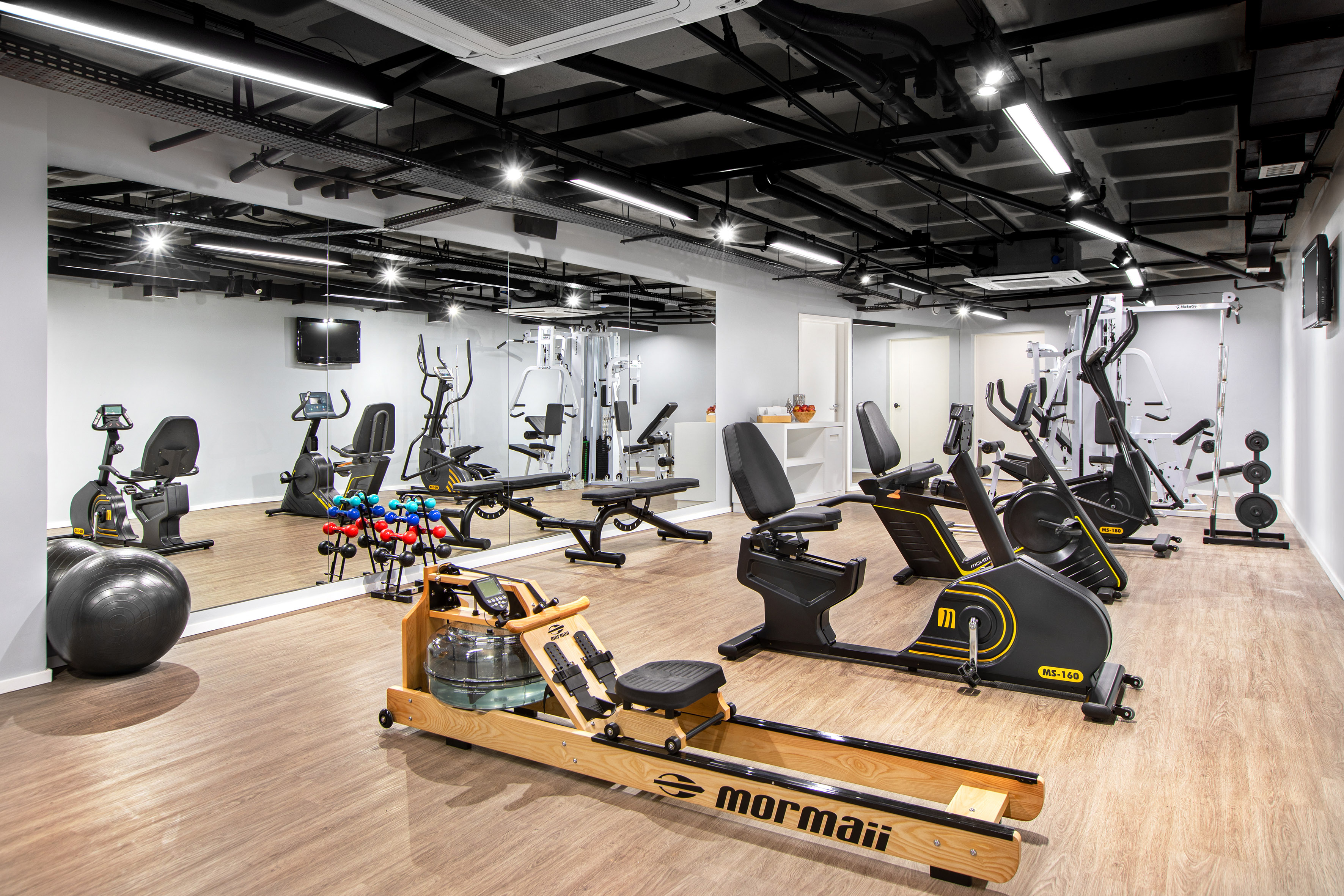 Fully equipped modern gym with cardio machines, weights, and rowing machine.