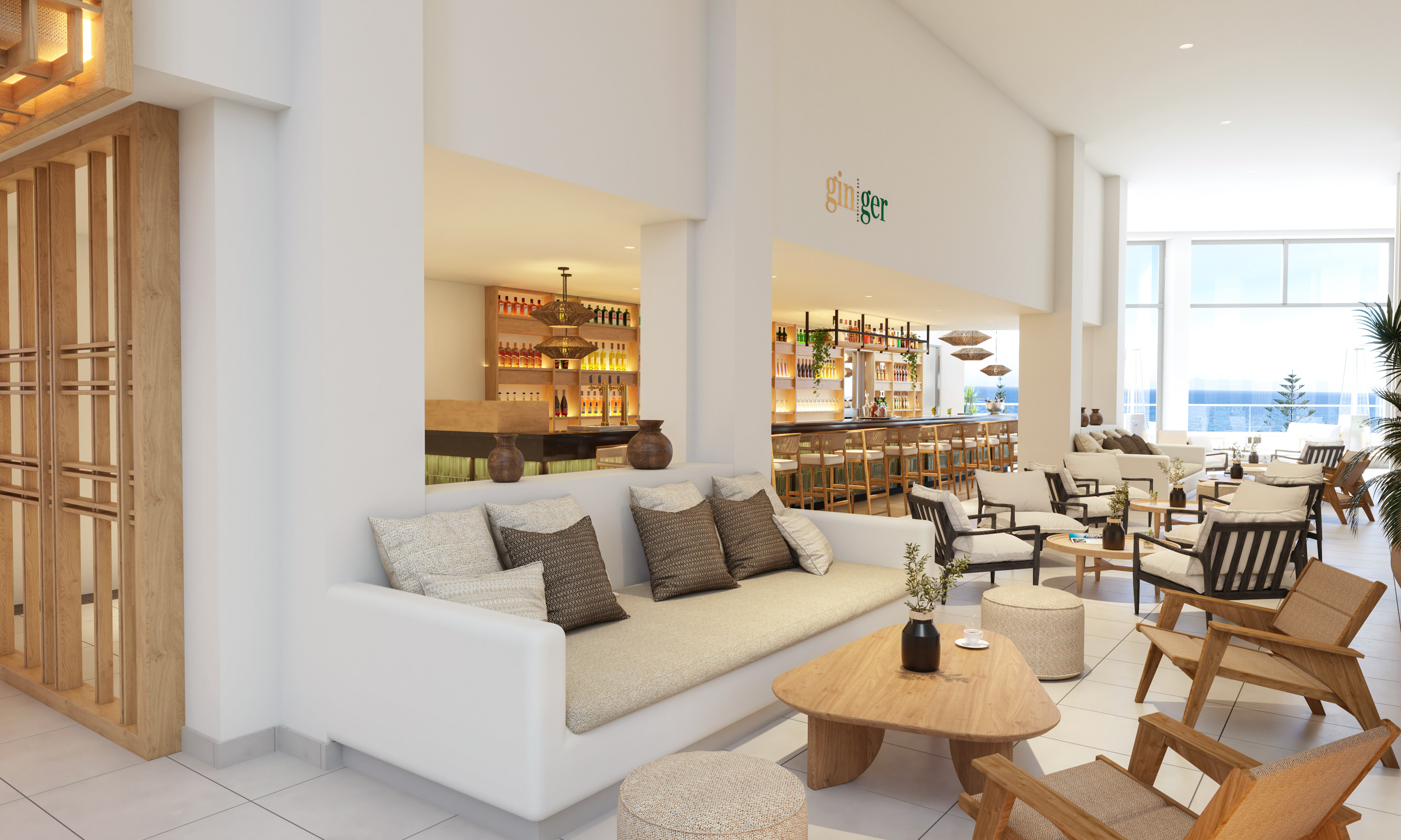 a room with a couch and tables