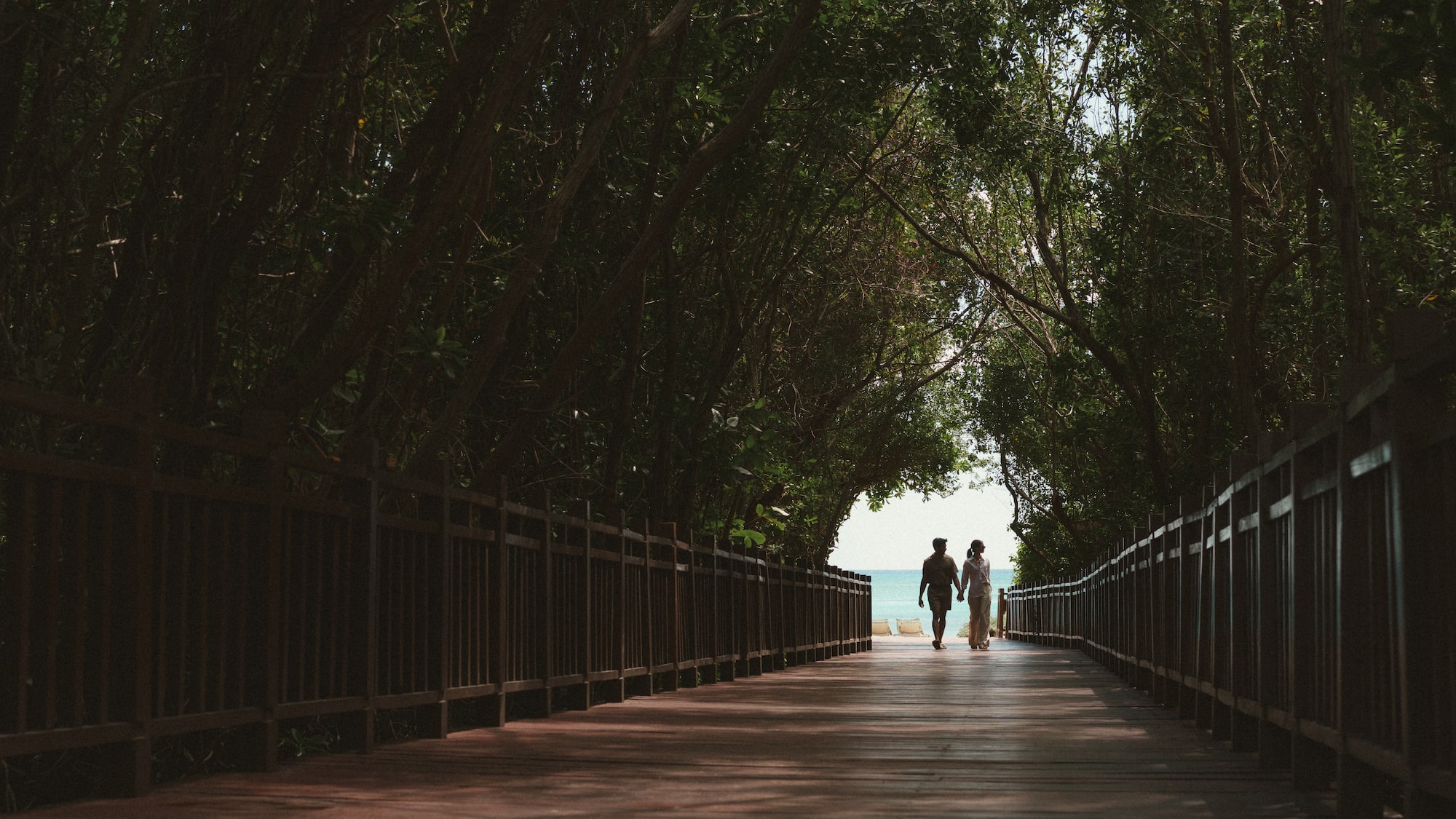 a couple walking on a boardwalk