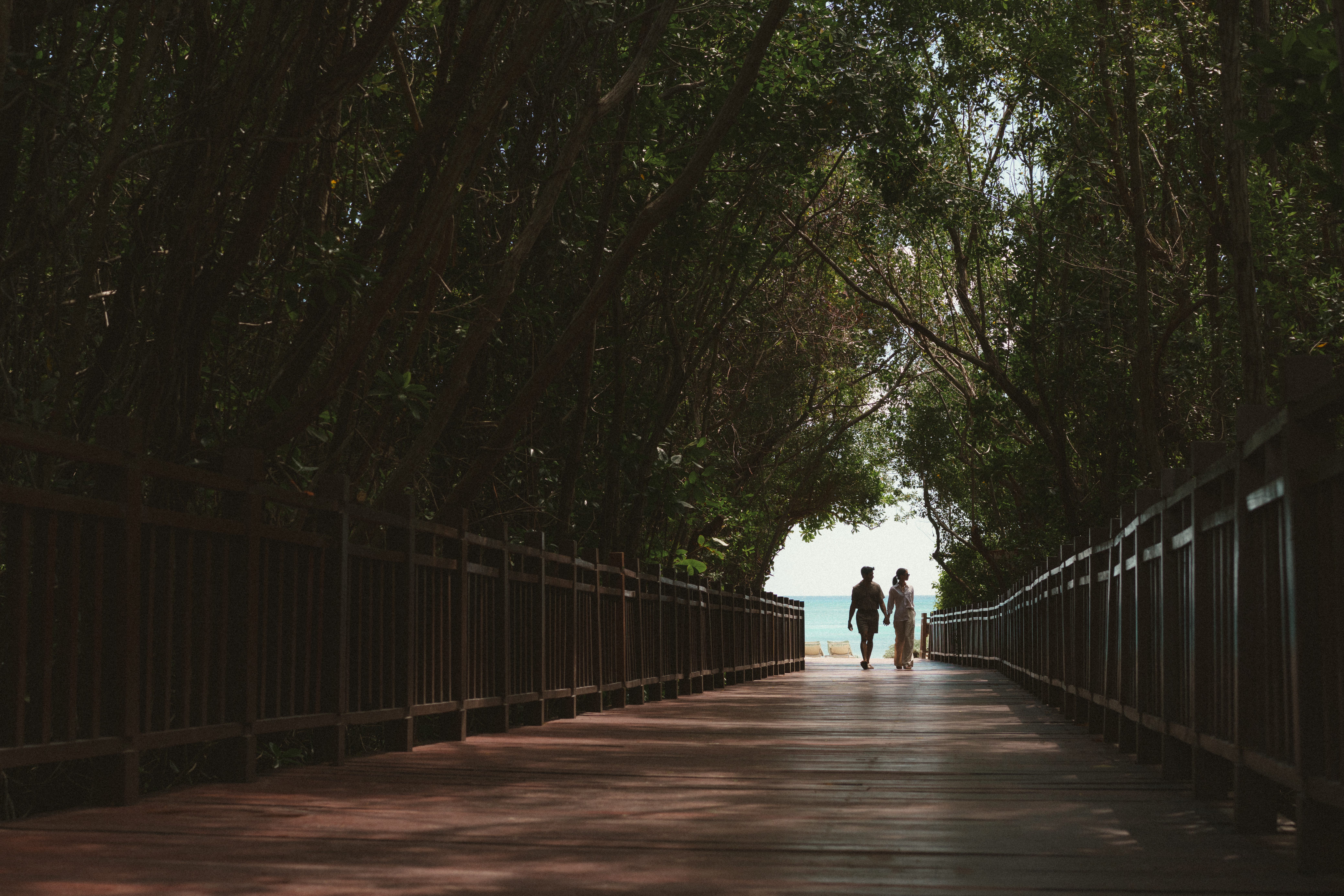 a couple walking on a boardwalk