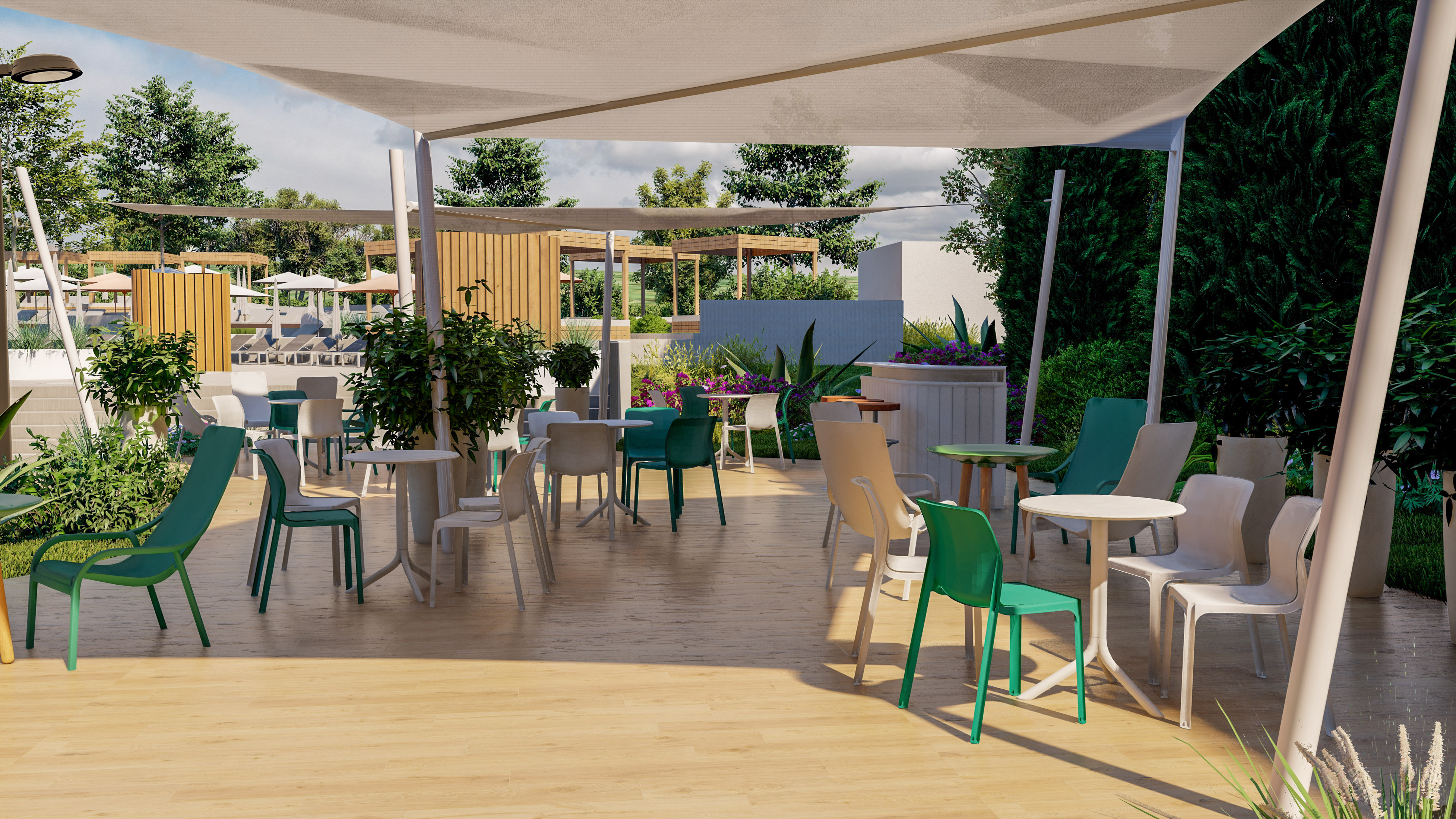 a patio with tables and chairs