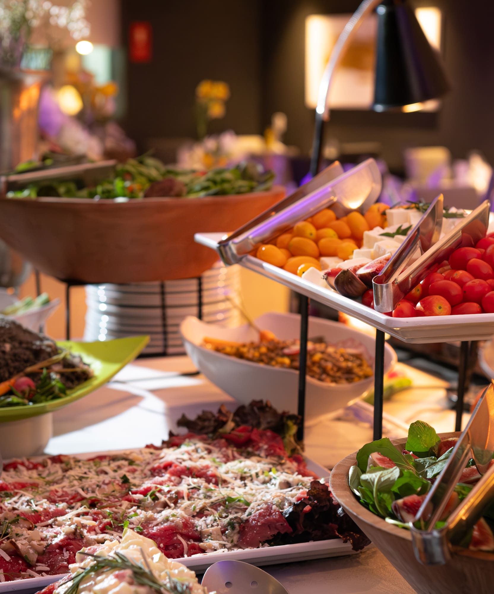 a buffet table full of food
