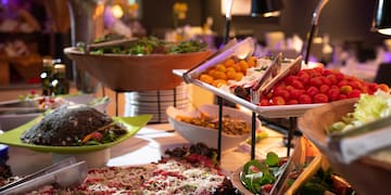 a buffet table full of food