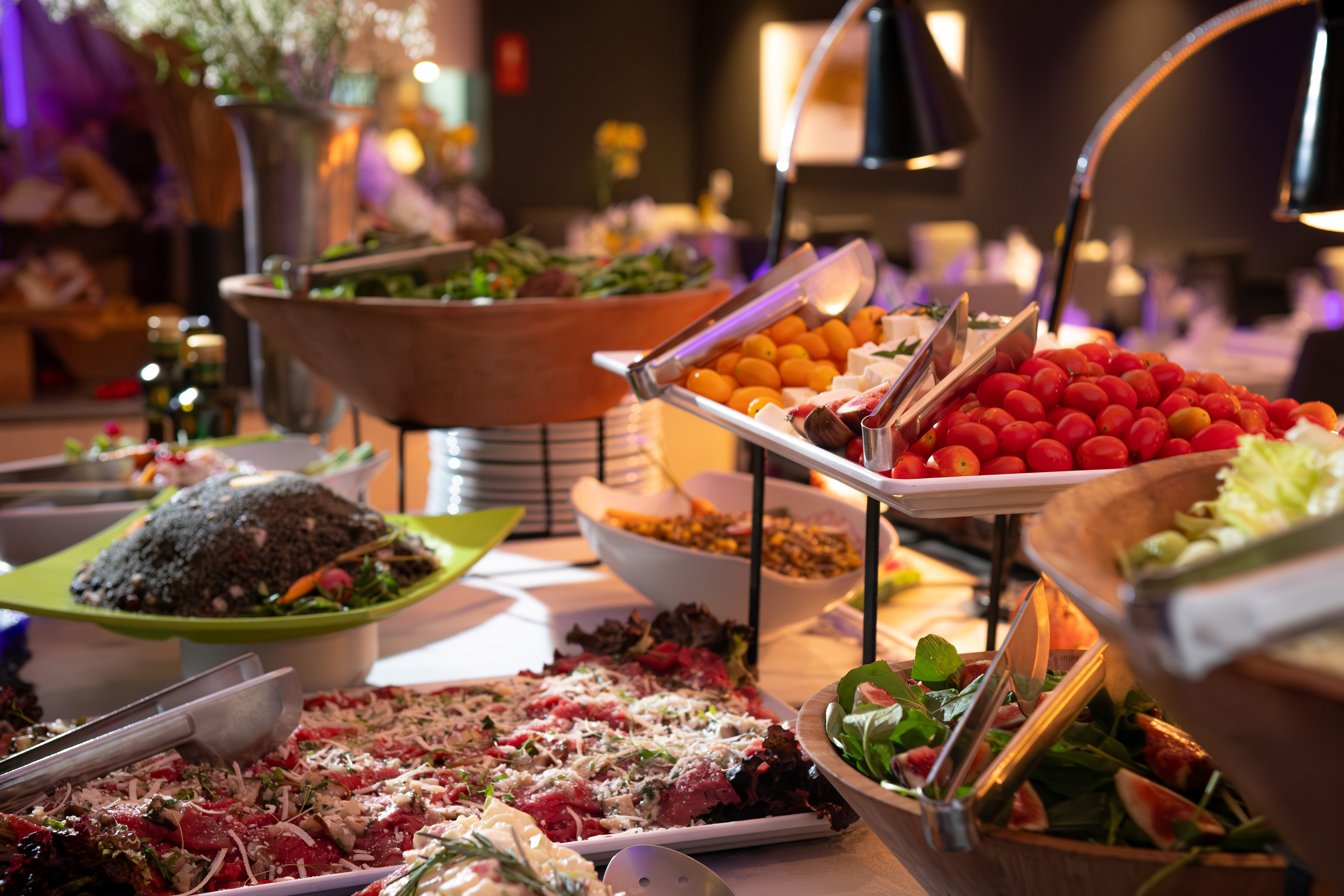a buffet table full of food
