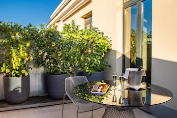 a table and chairs on a patio