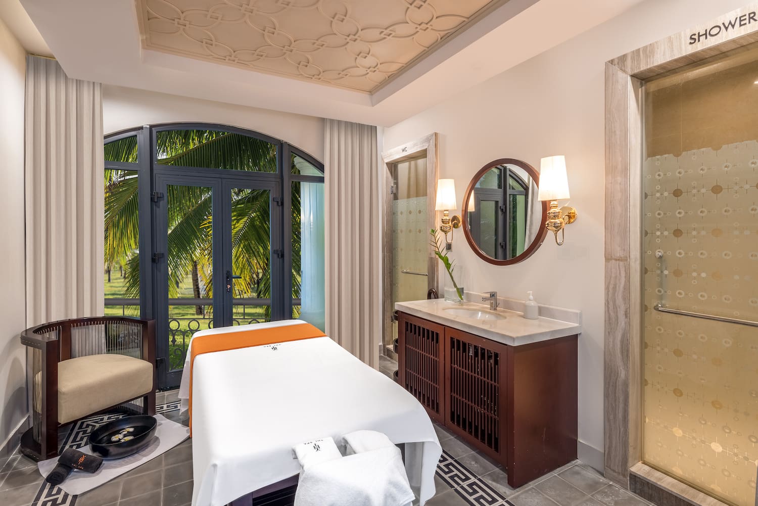 a room with a table and sink