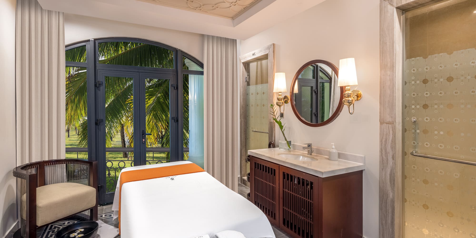 a room with a table and sink