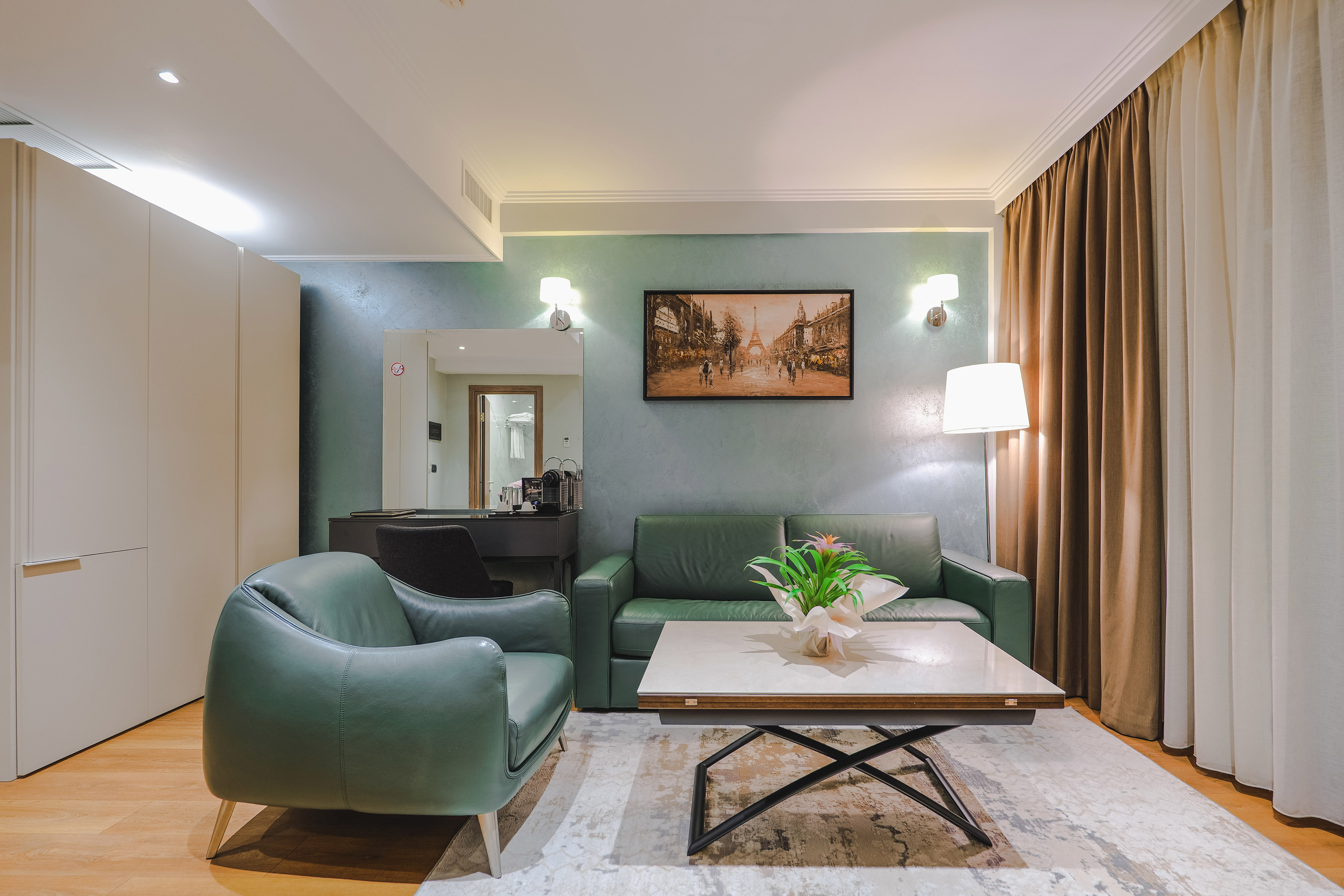 a living room with a couch and a coffee table
