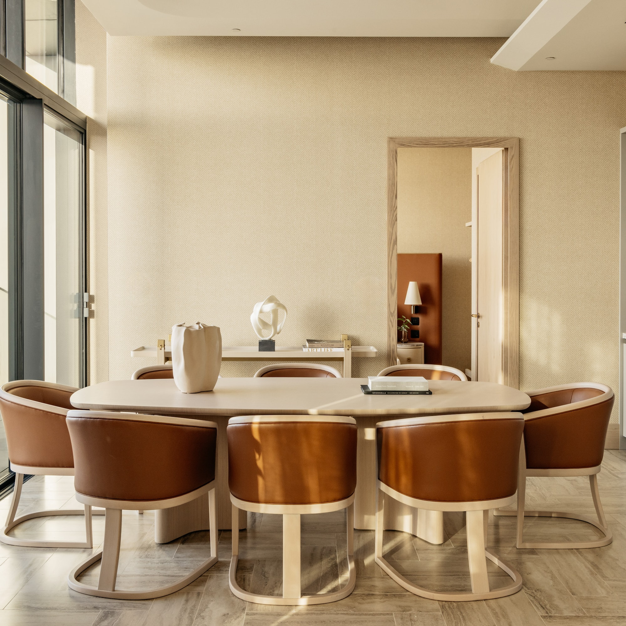 a room with a table and chairs