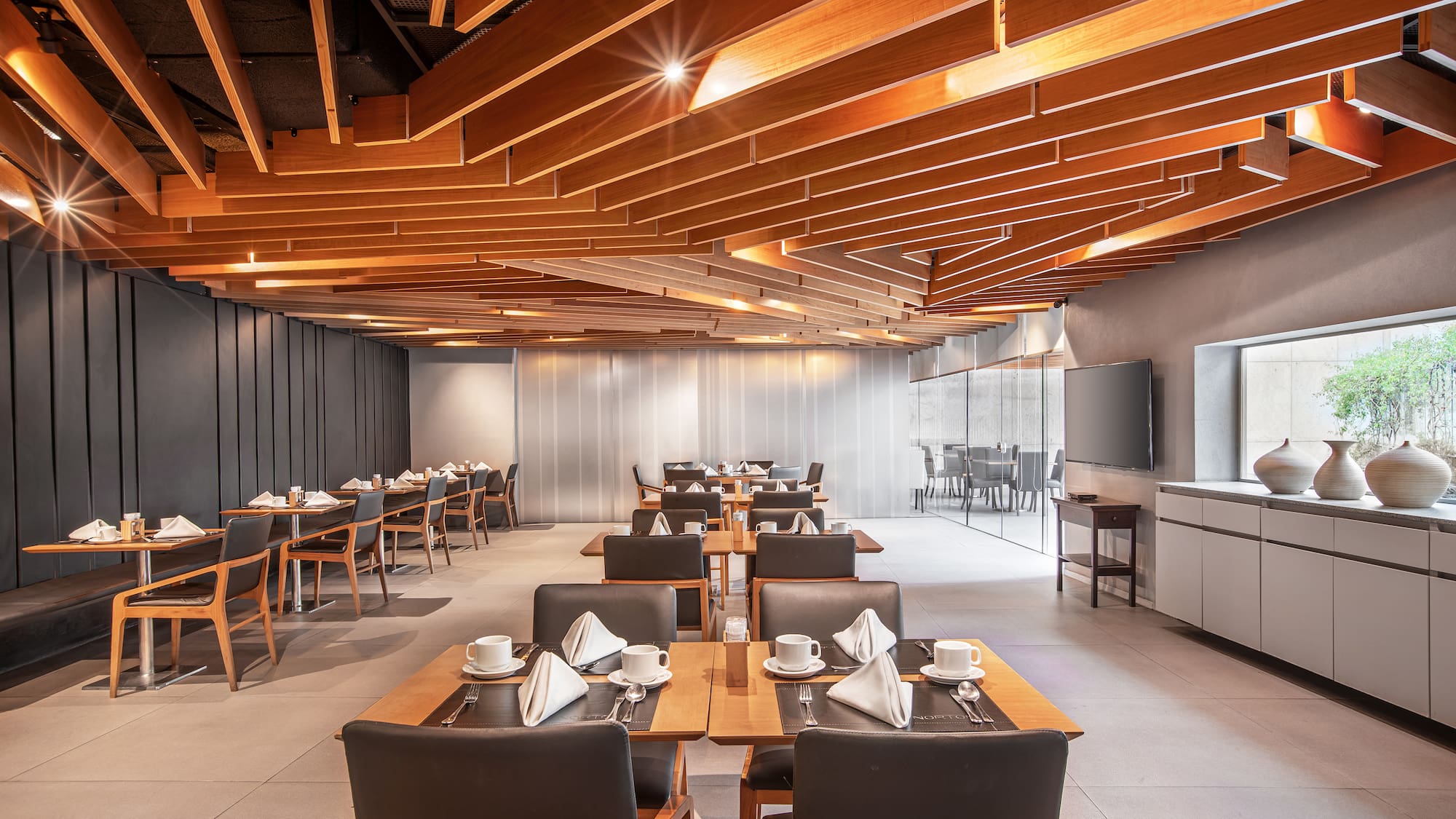 a room with tables and chairs