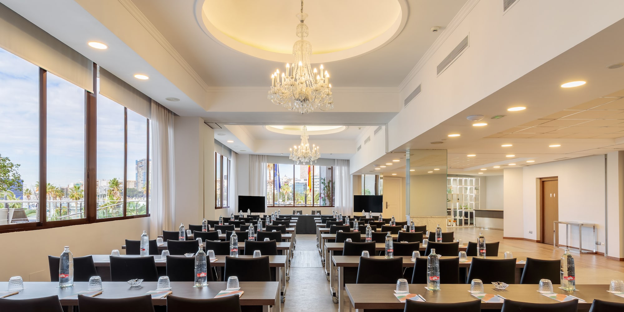 a room with tables and chairs