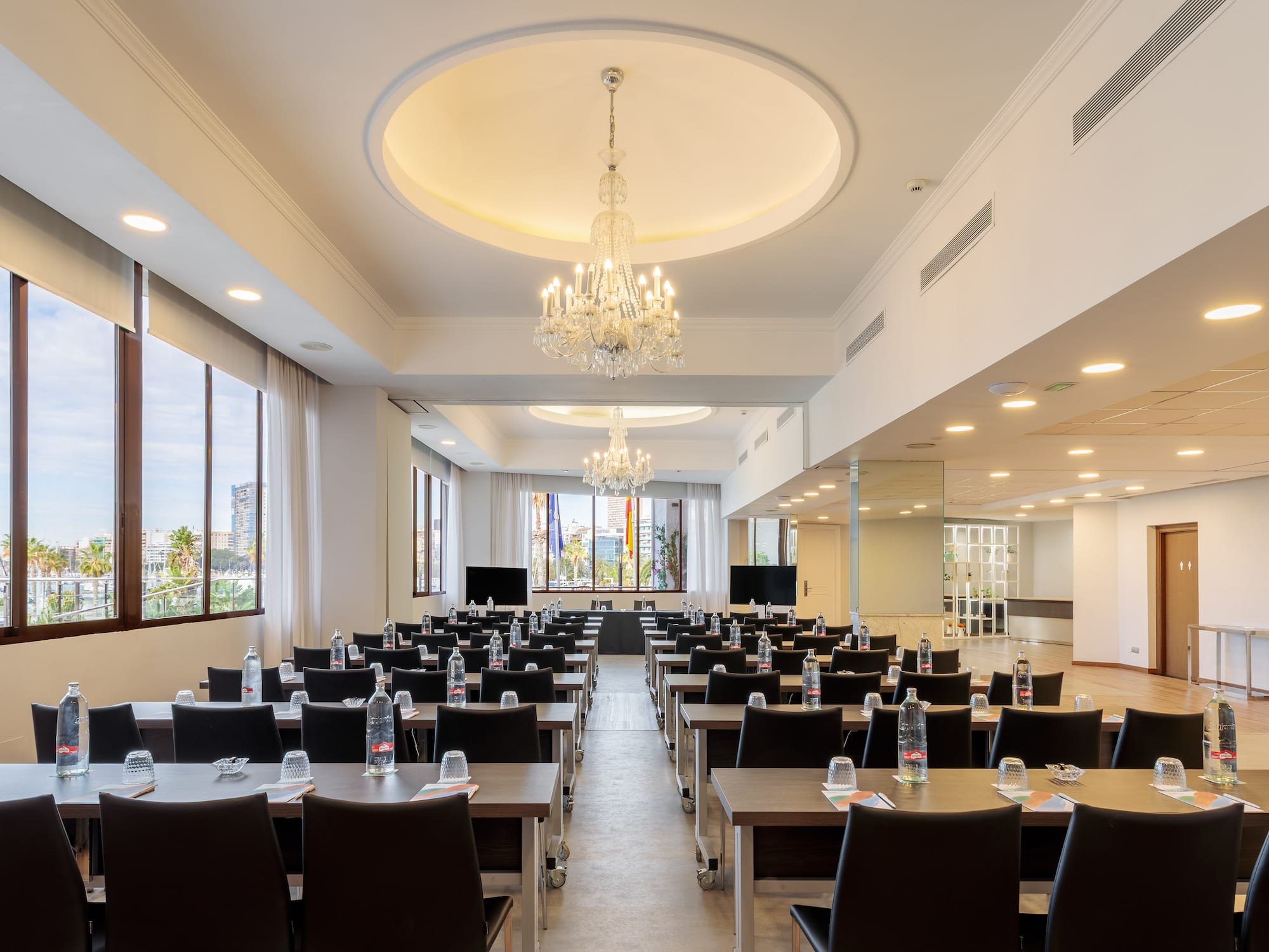 a room with tables and chairs