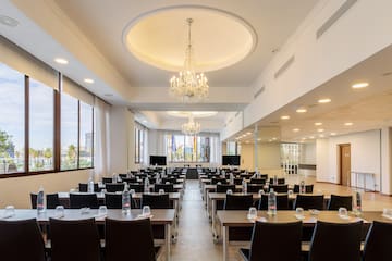 a room with tables and chairs