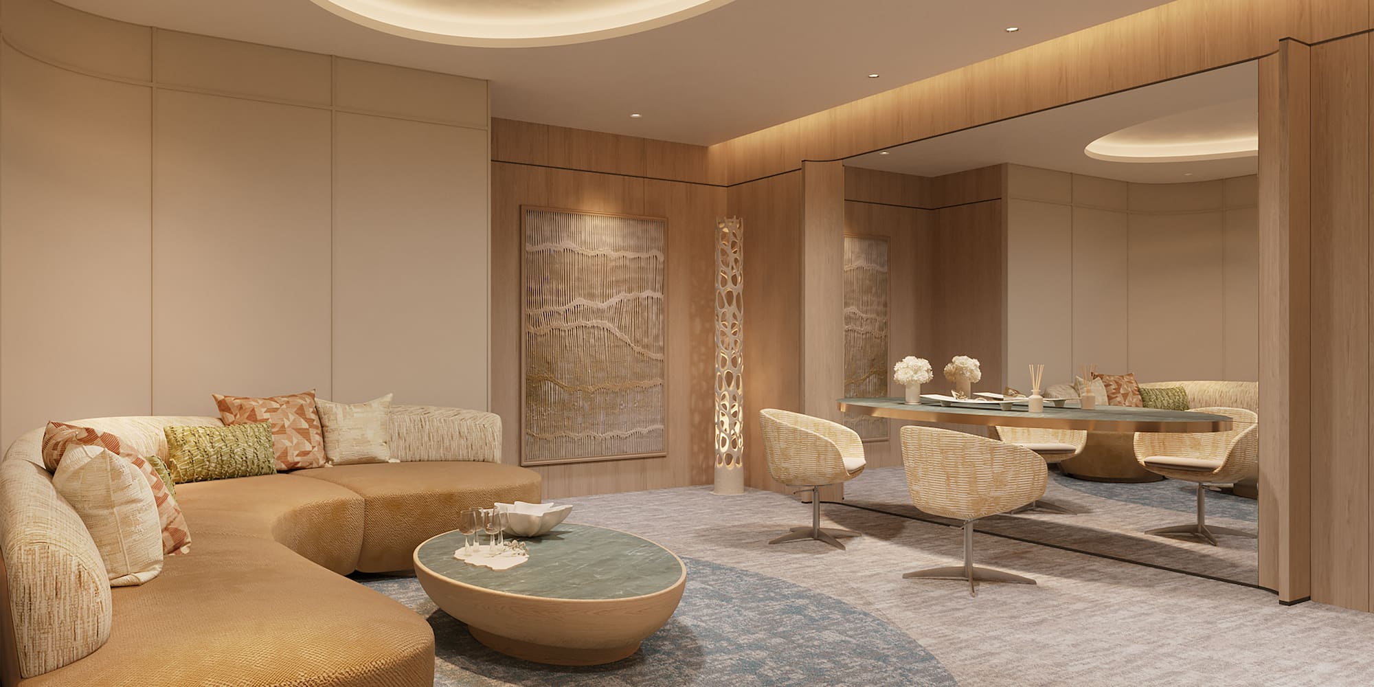 a room with a large couch and a table