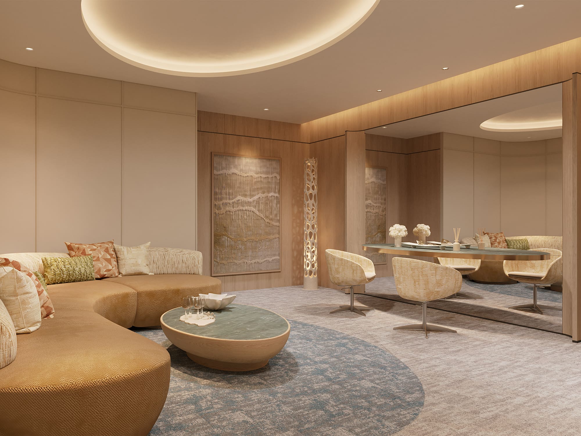 a room with a large couch and a table