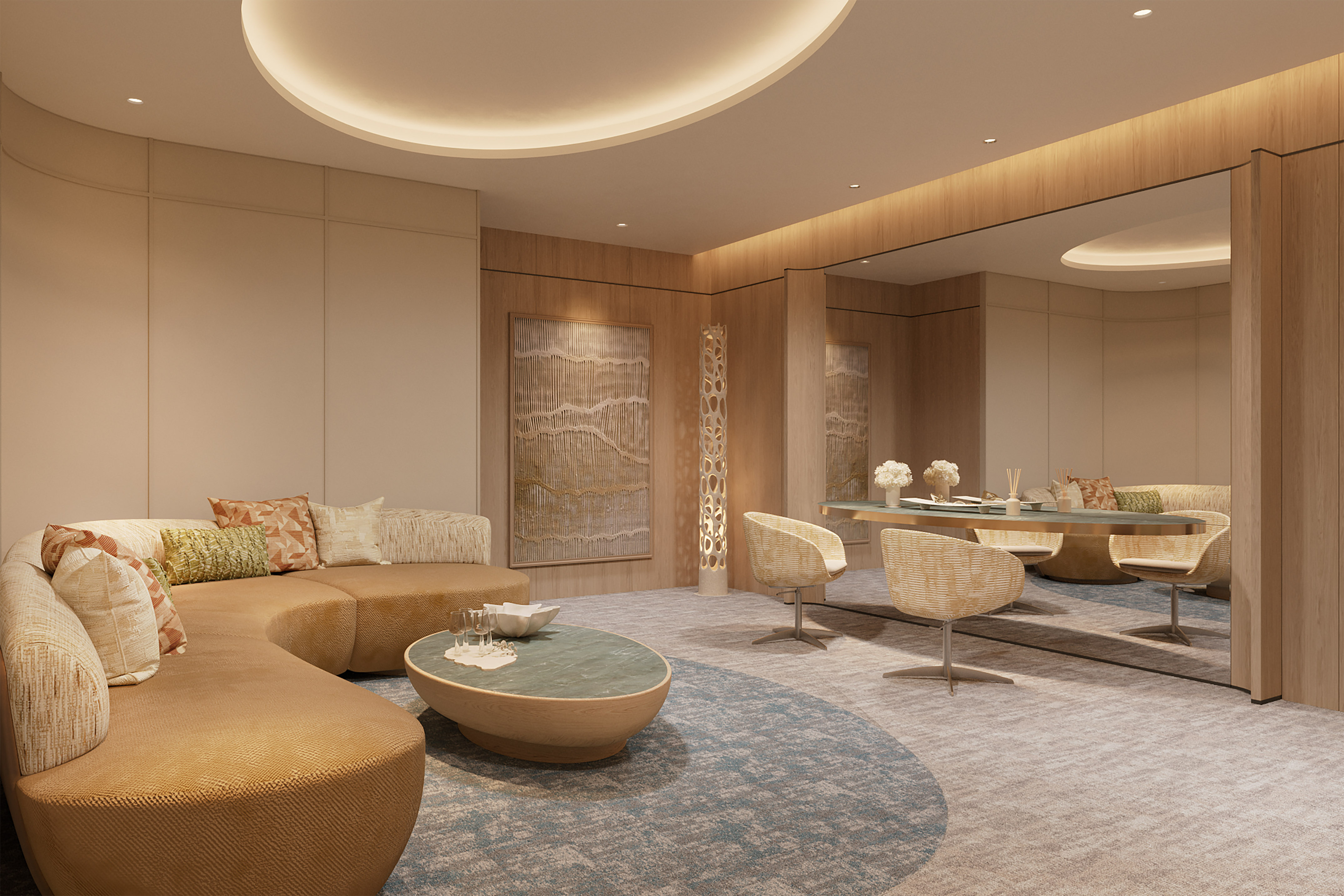 Modern luxury lounge with curved sofa, oval coffee table, and large mirror.