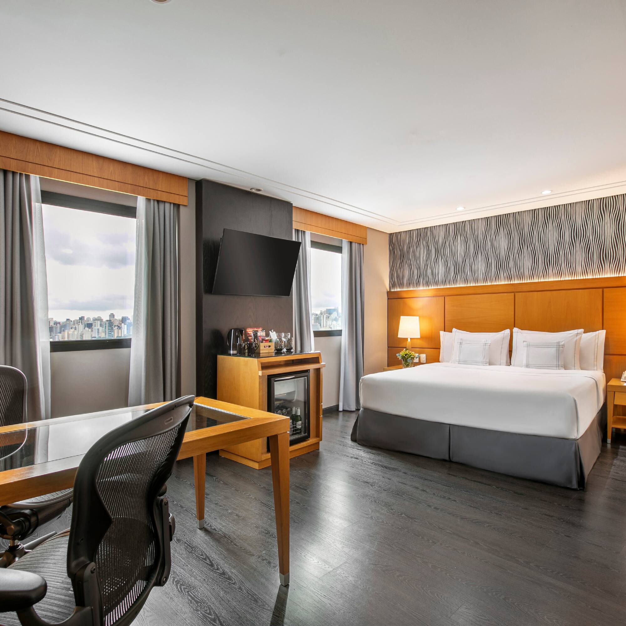 a room with a bed and a table