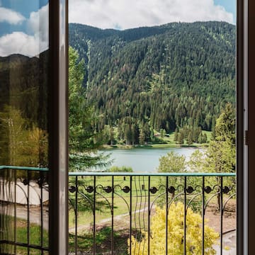 a view of a lake from a window