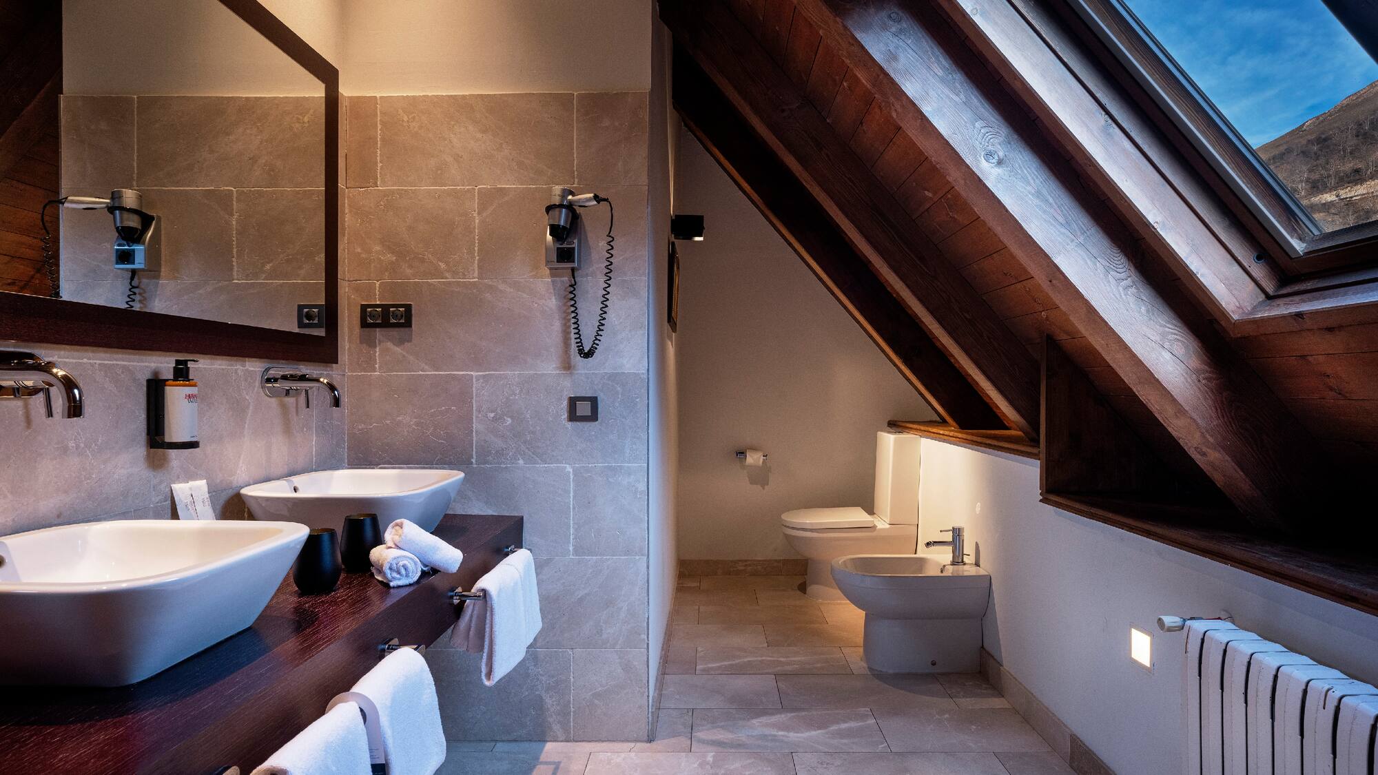 a bathroom with a large window