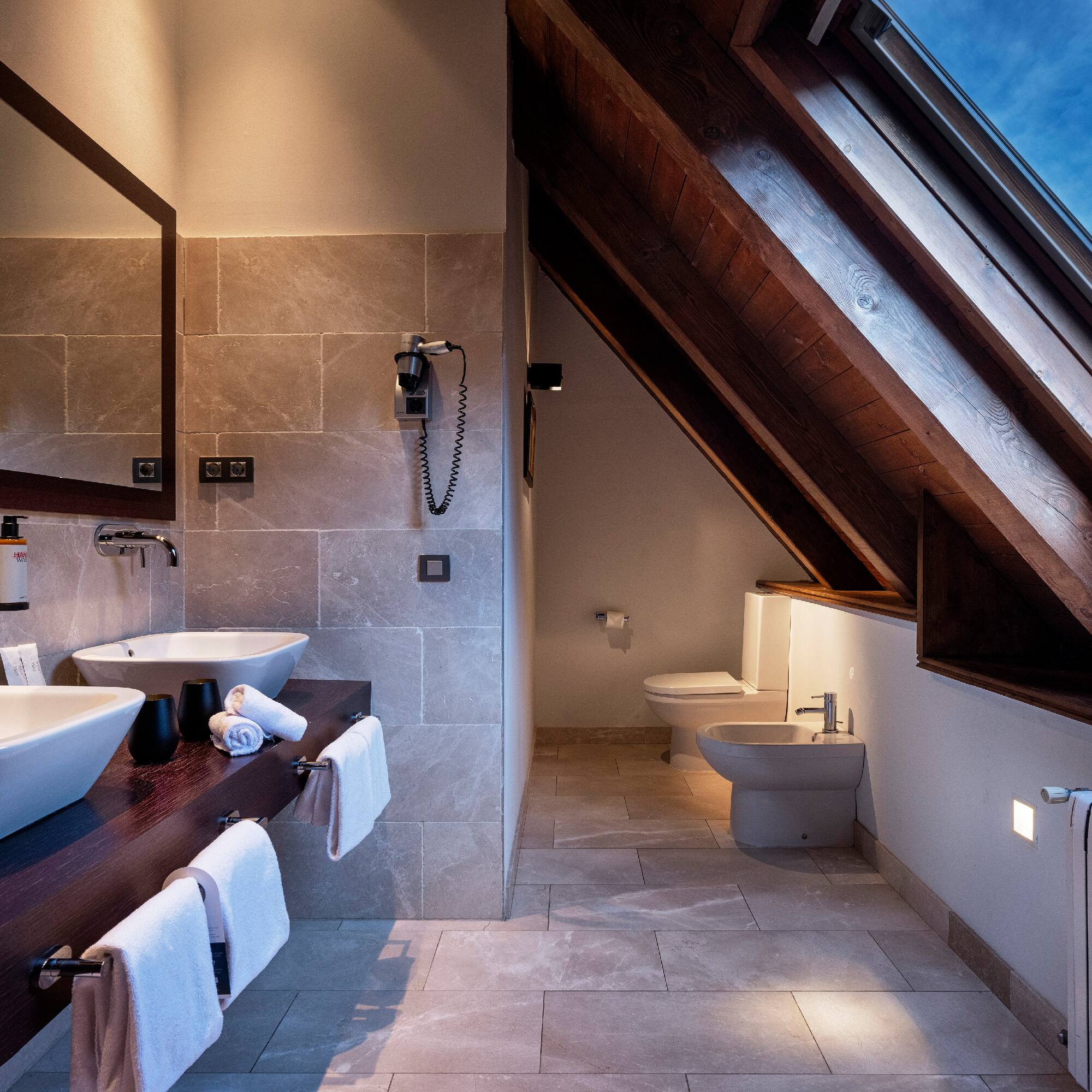 a bathroom with a large window