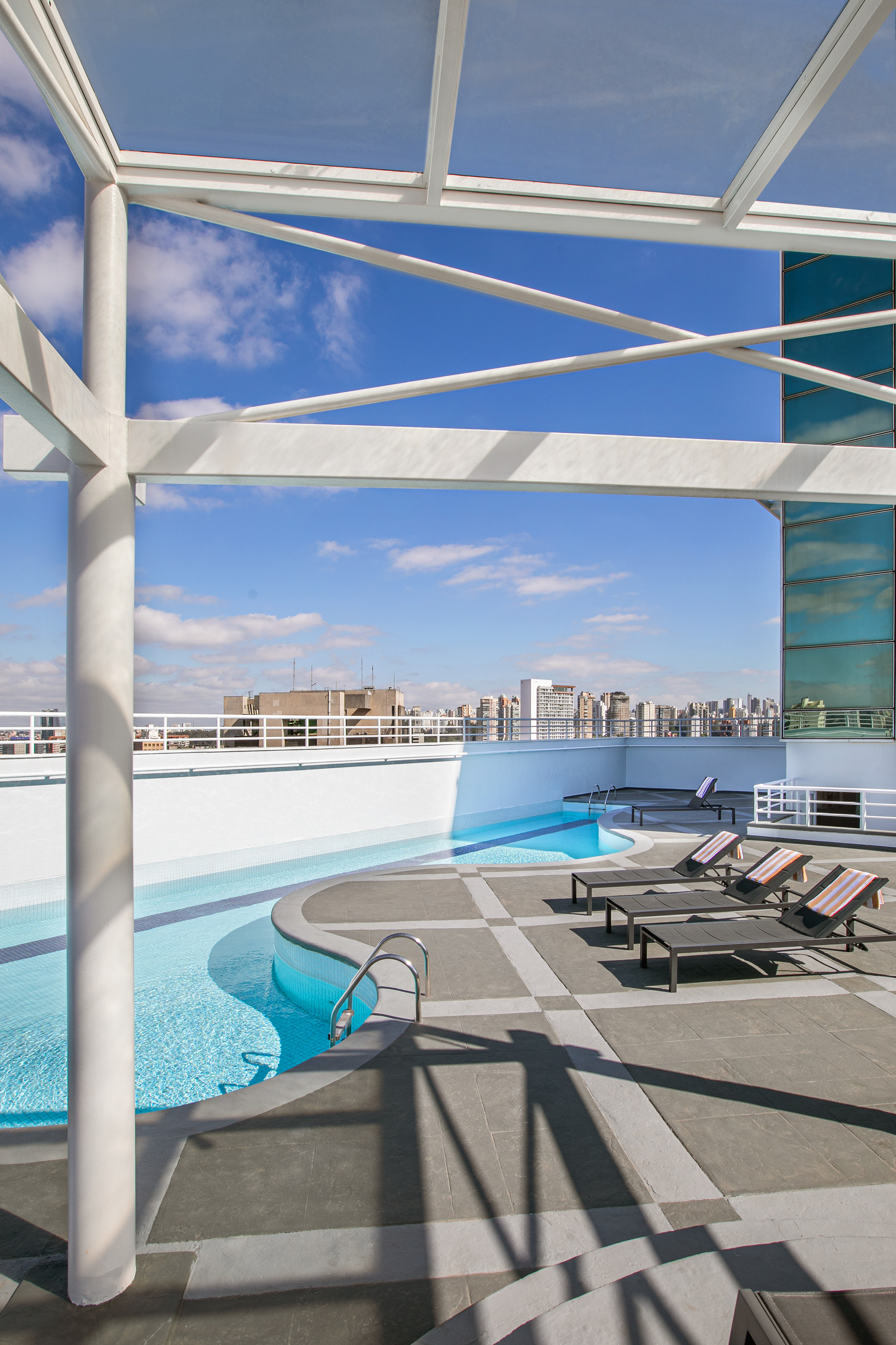 Hotel rooftop pool with lounge chairs and city skyline.