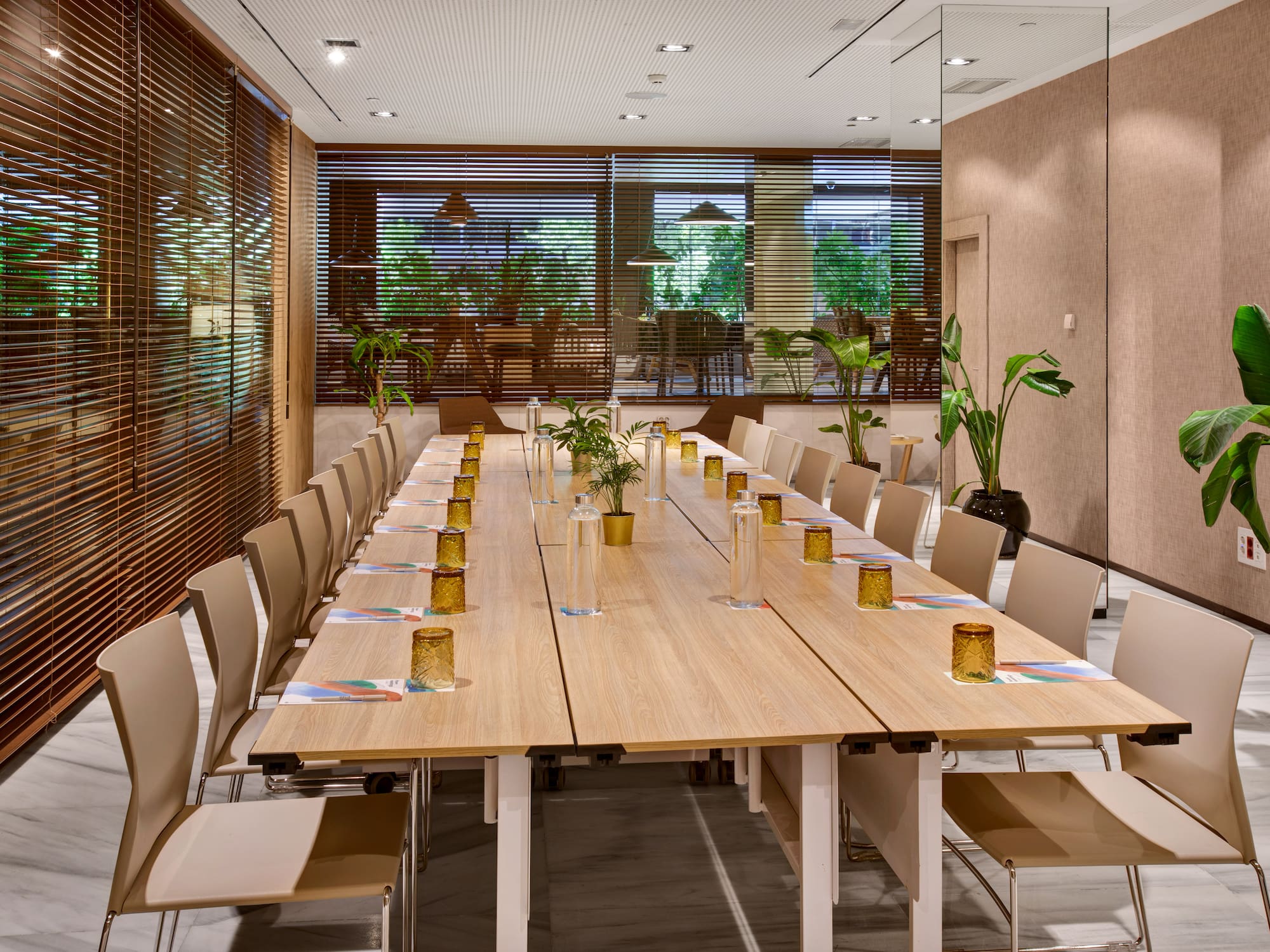 a long table with glasses on it