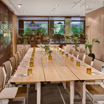 a long table with glasses on it