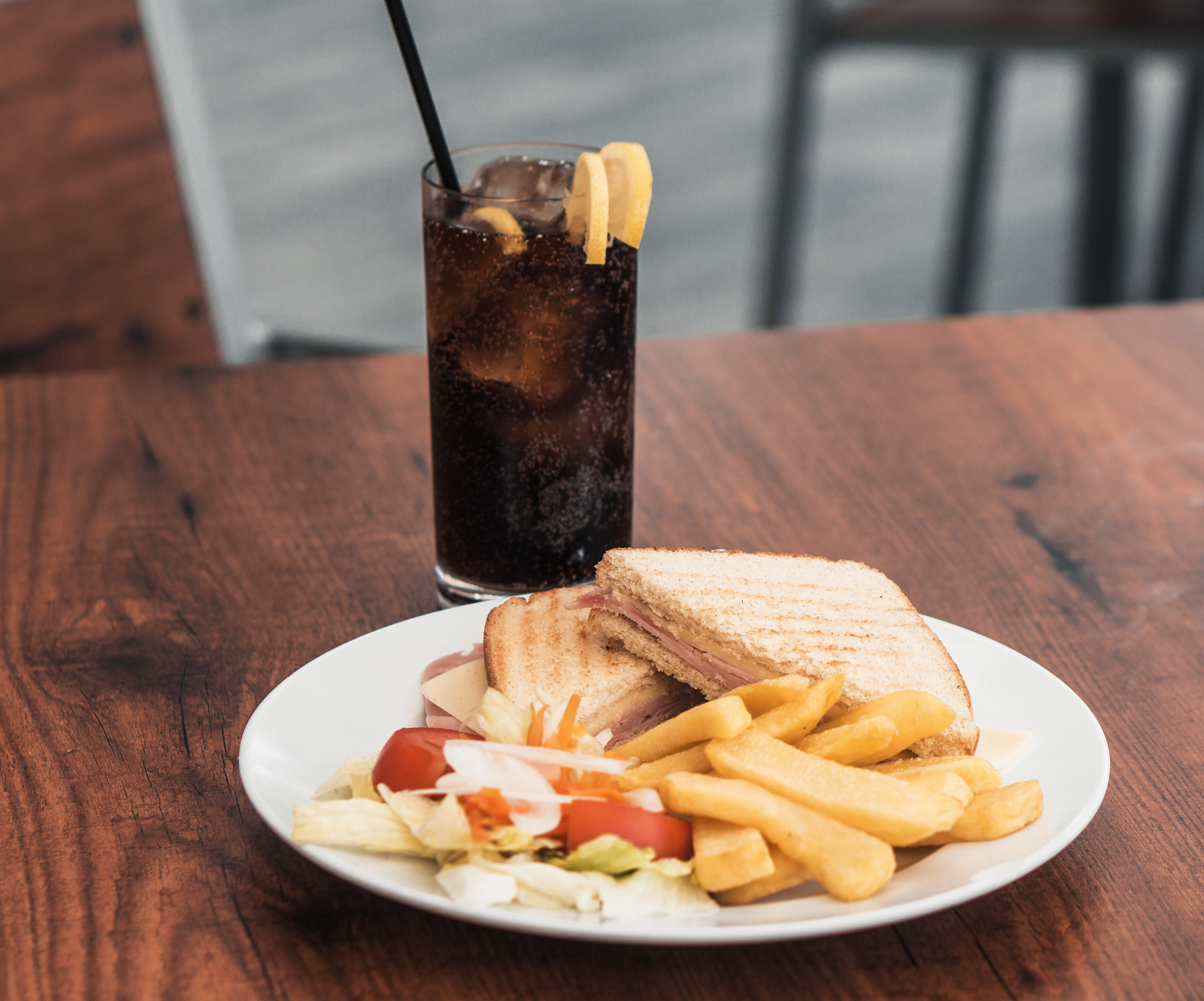 Toasted ham and cheese sandwich with fries, side salad, and a cola drink.