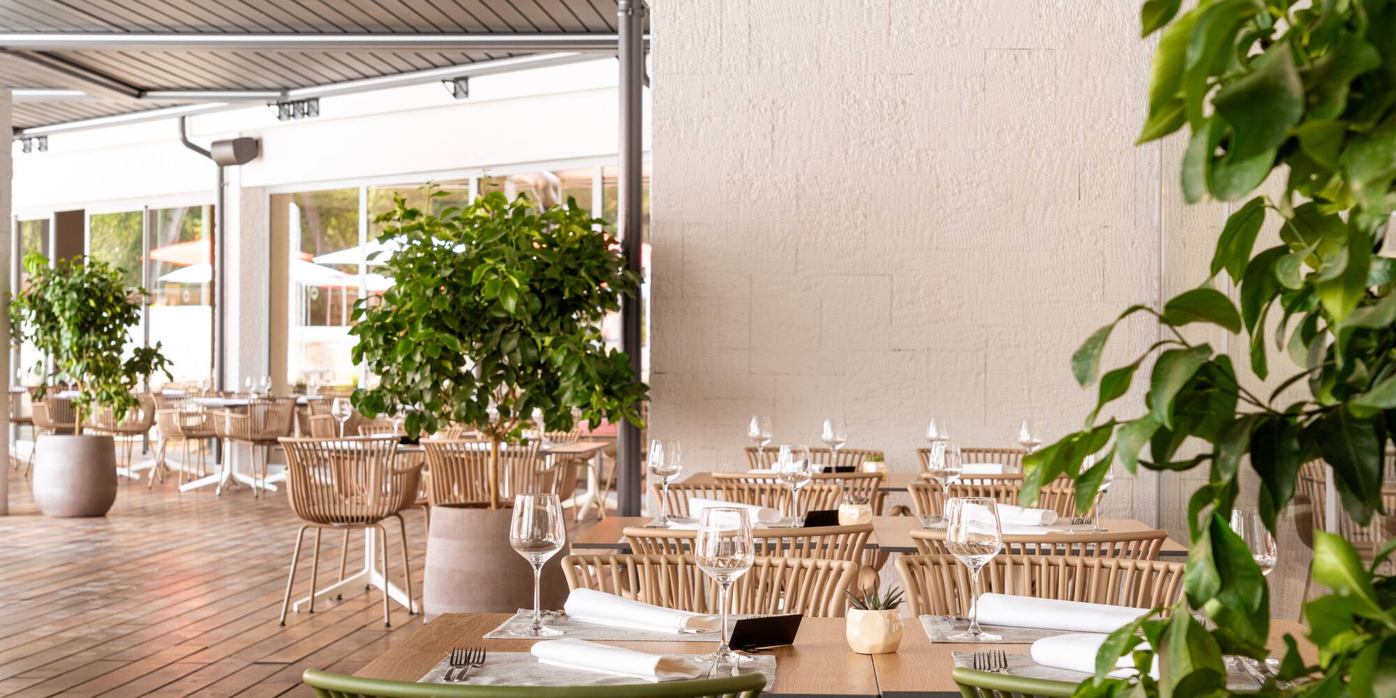 a tables set up for a restaurant