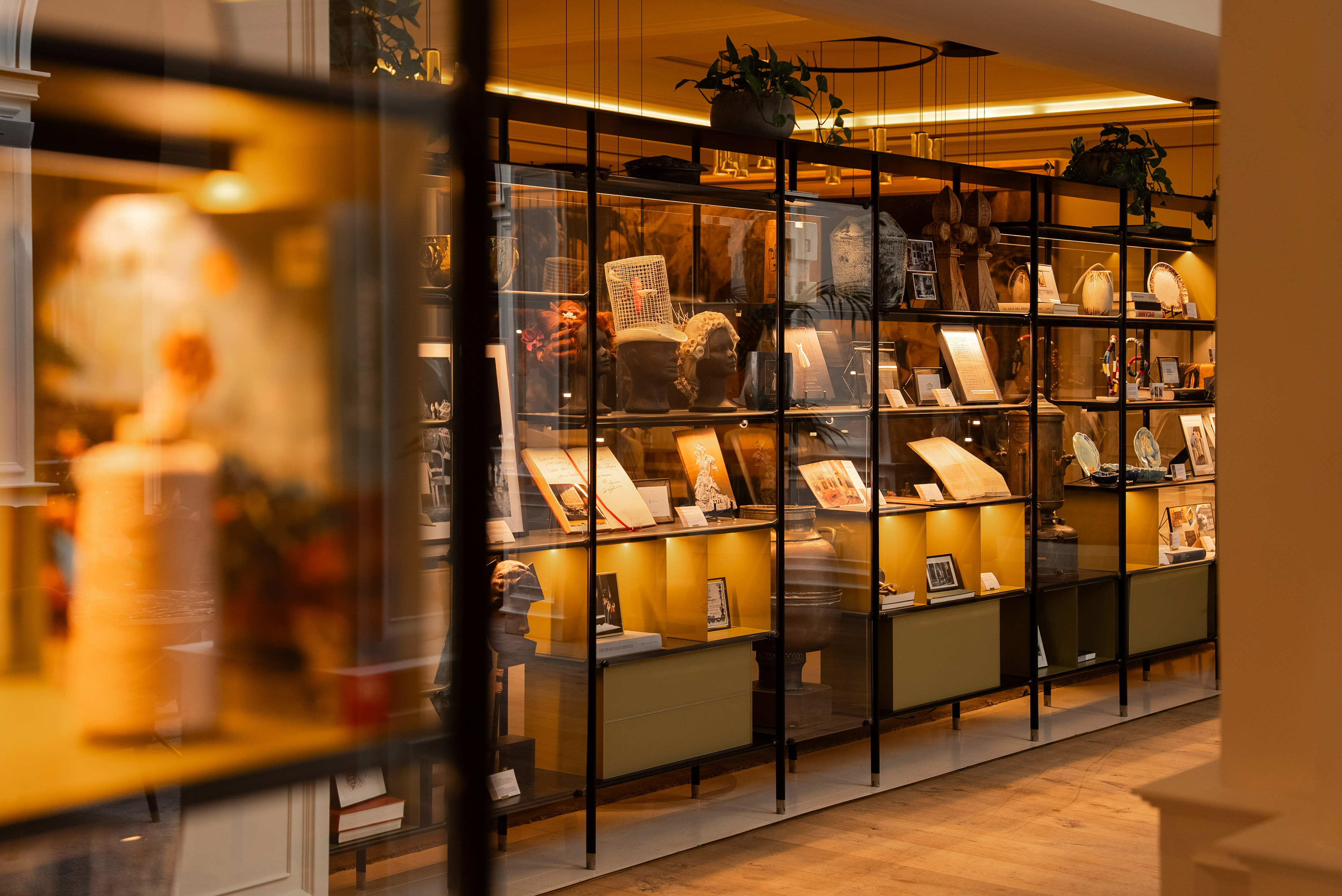 Museum display cabinet with historical artifacts, busts, and books under warm lighting.