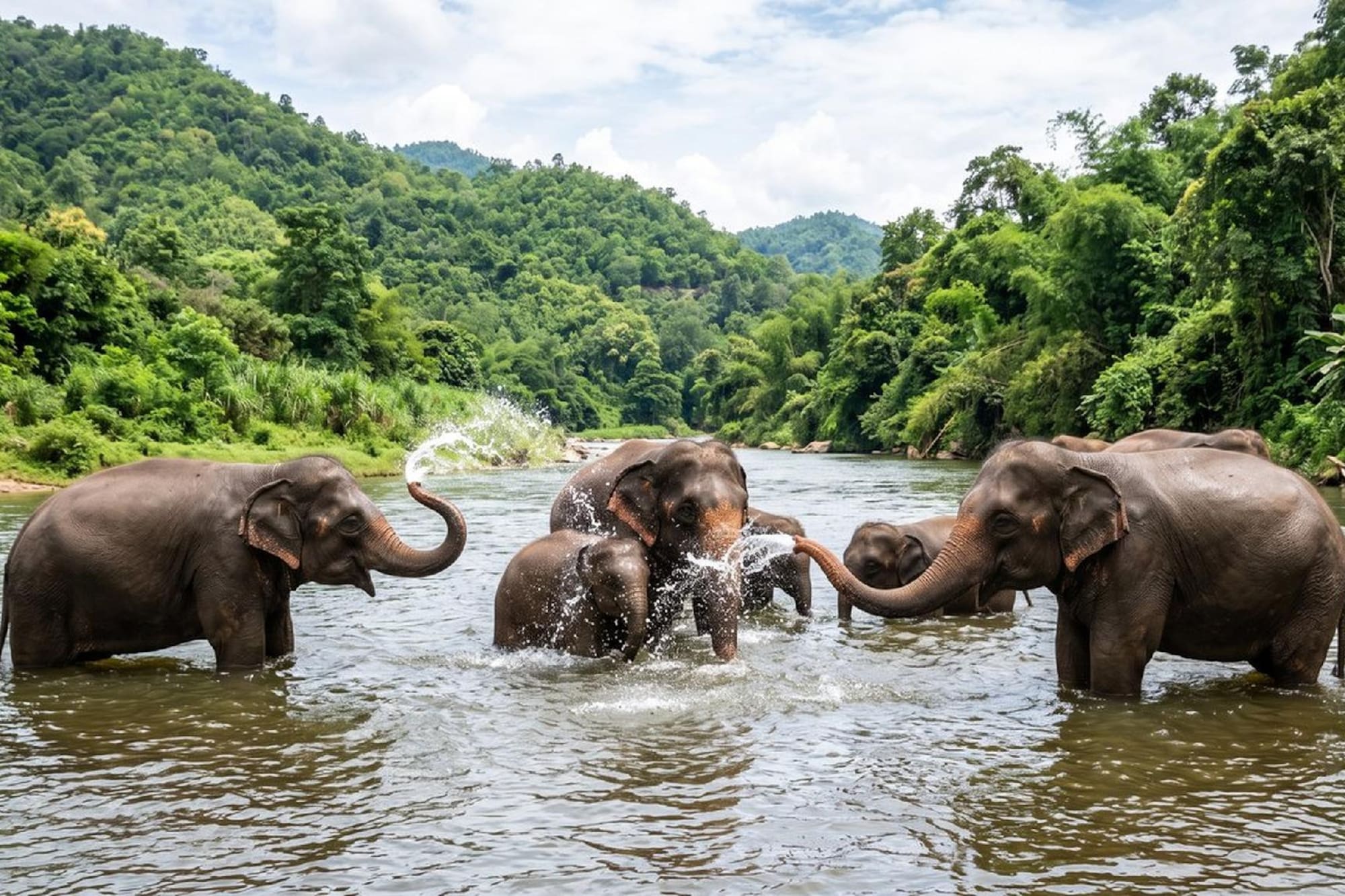 Elephants and calves splashing in a tropical river, dense jungle background.