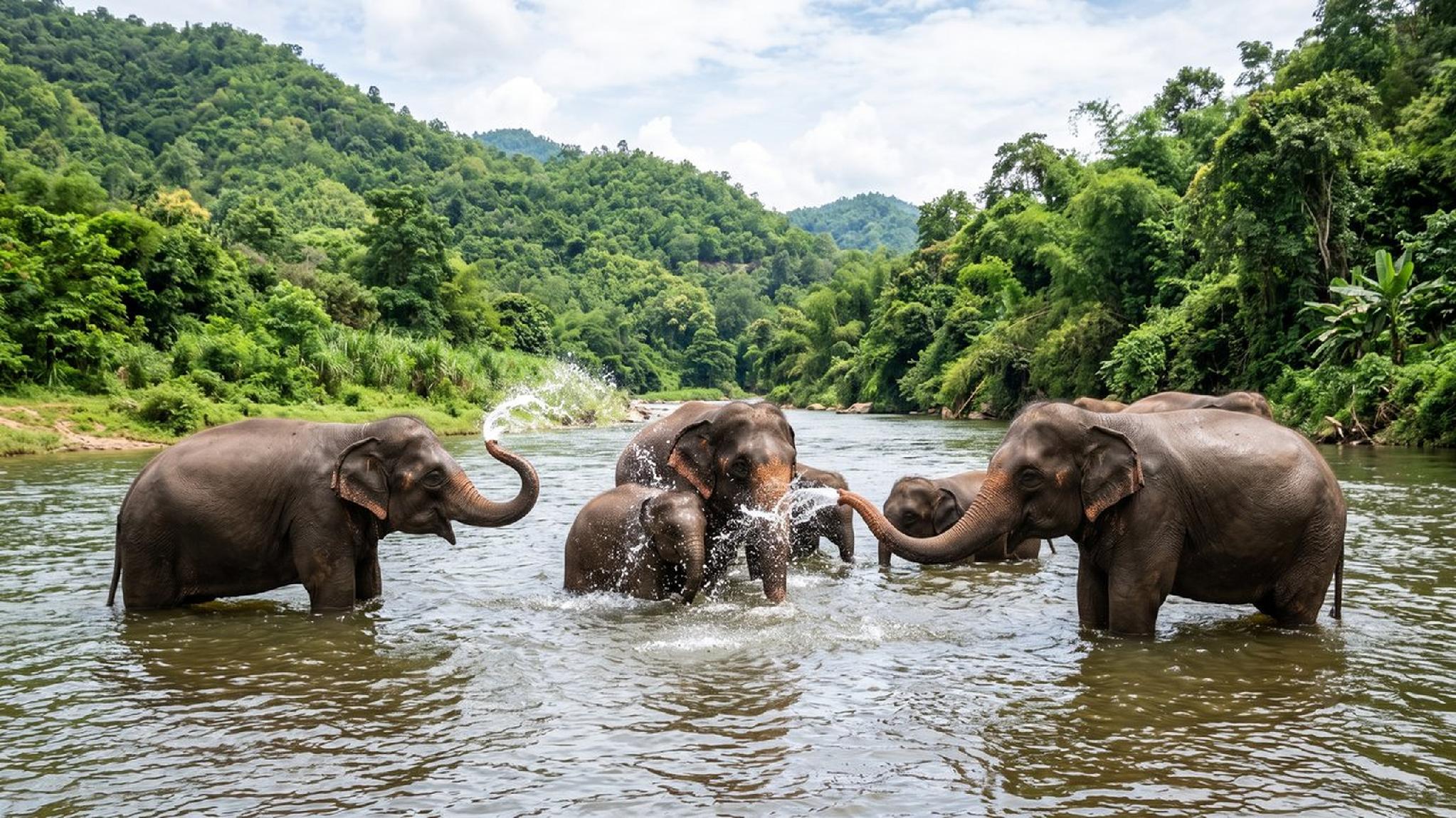 Elephants and calves splashing in a tropical river, dense jungle background.