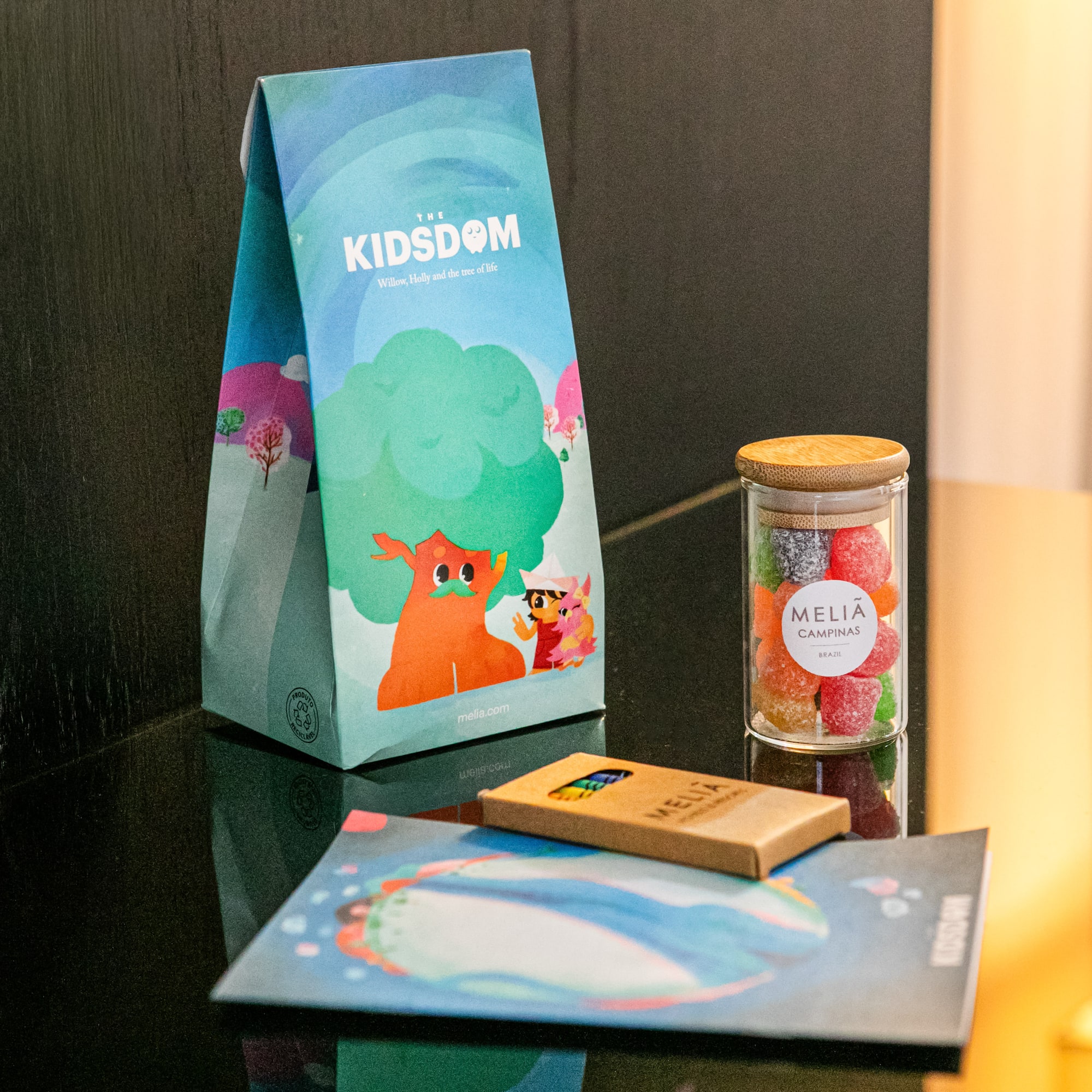 a box and candy on a table