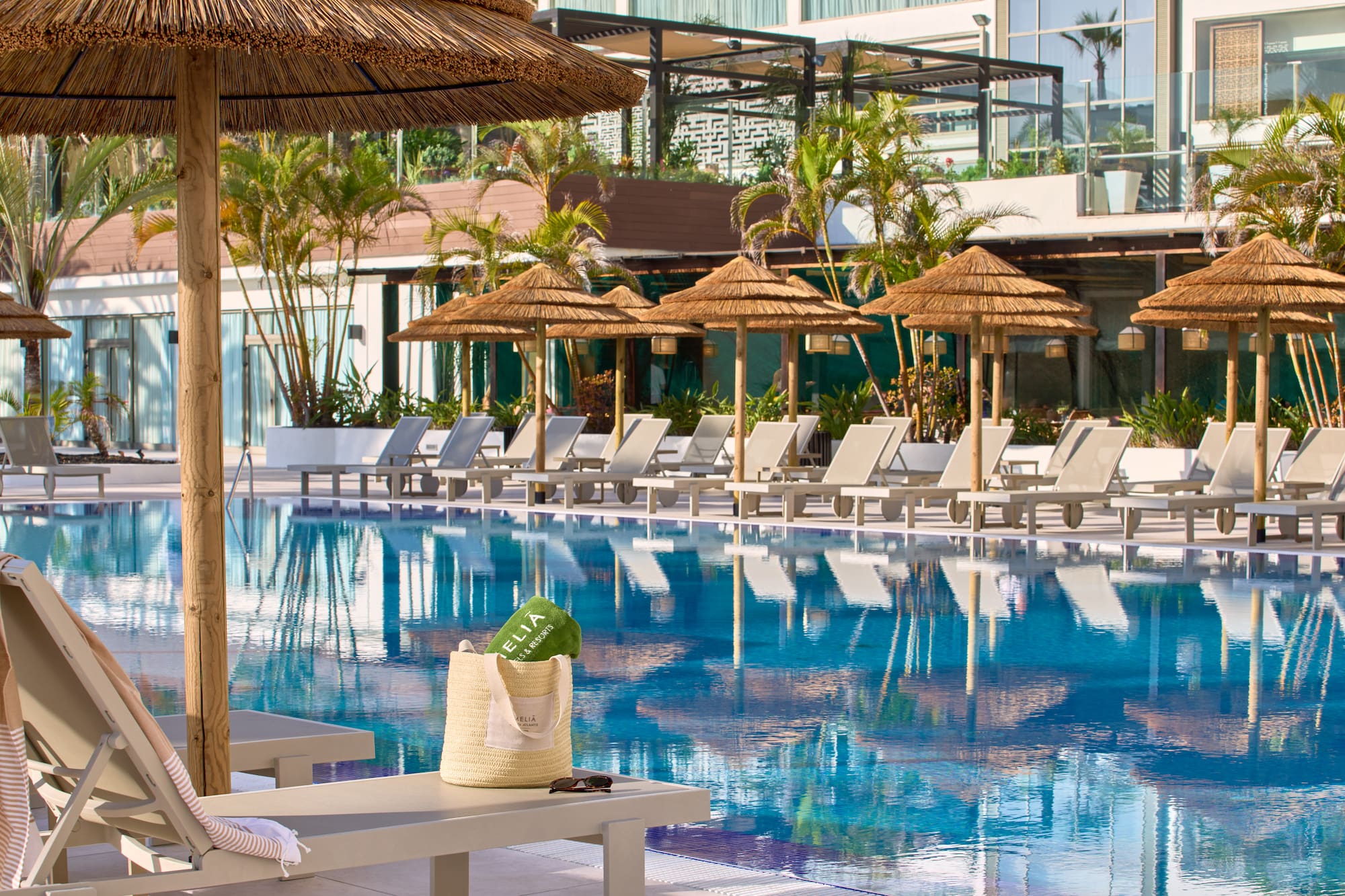 Meliá resort pool with lounge chairs, straw umbrellas, and palm trees.