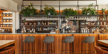 a bar with a shelf and glasses on top