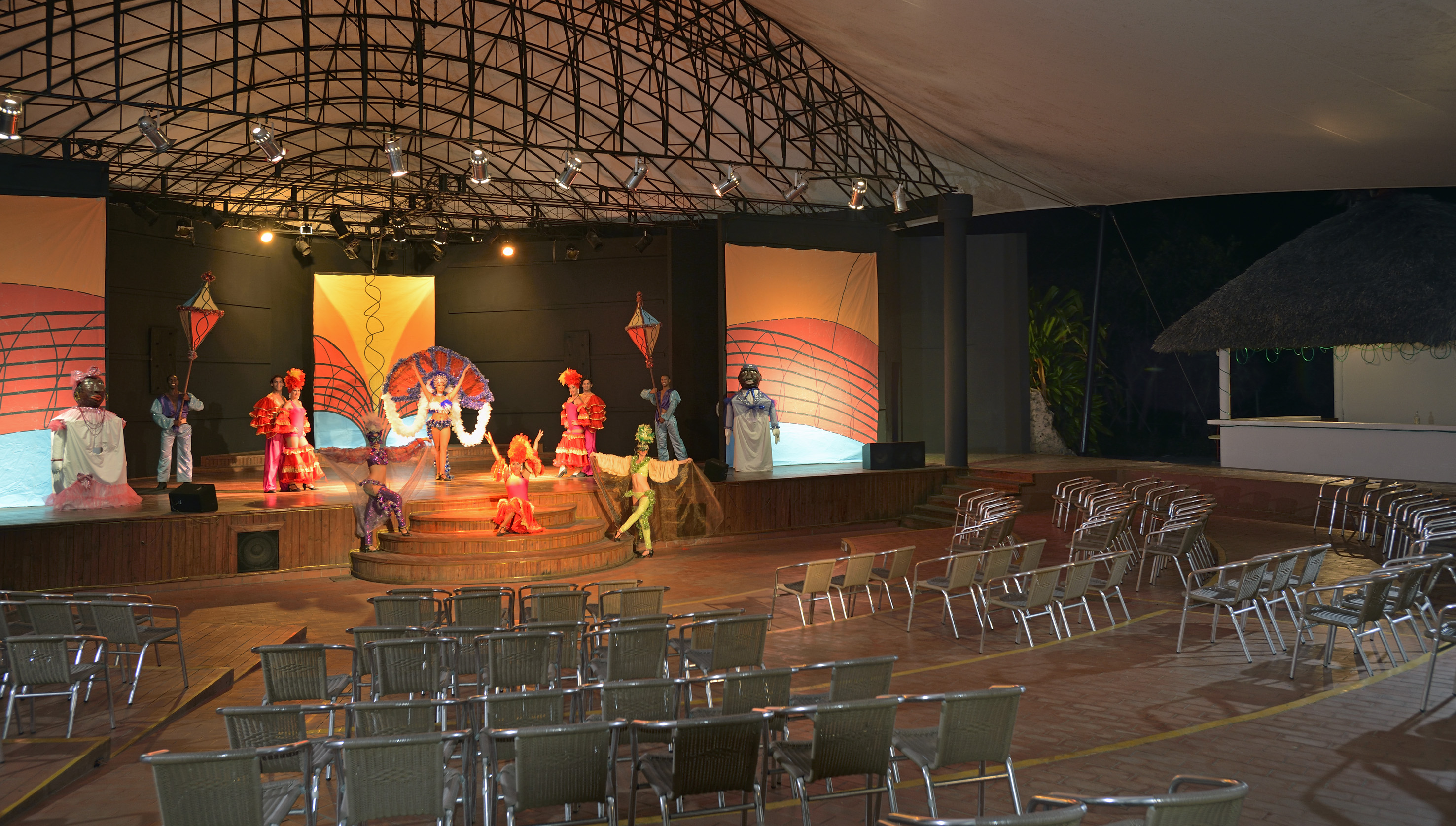 A platform with chairs.