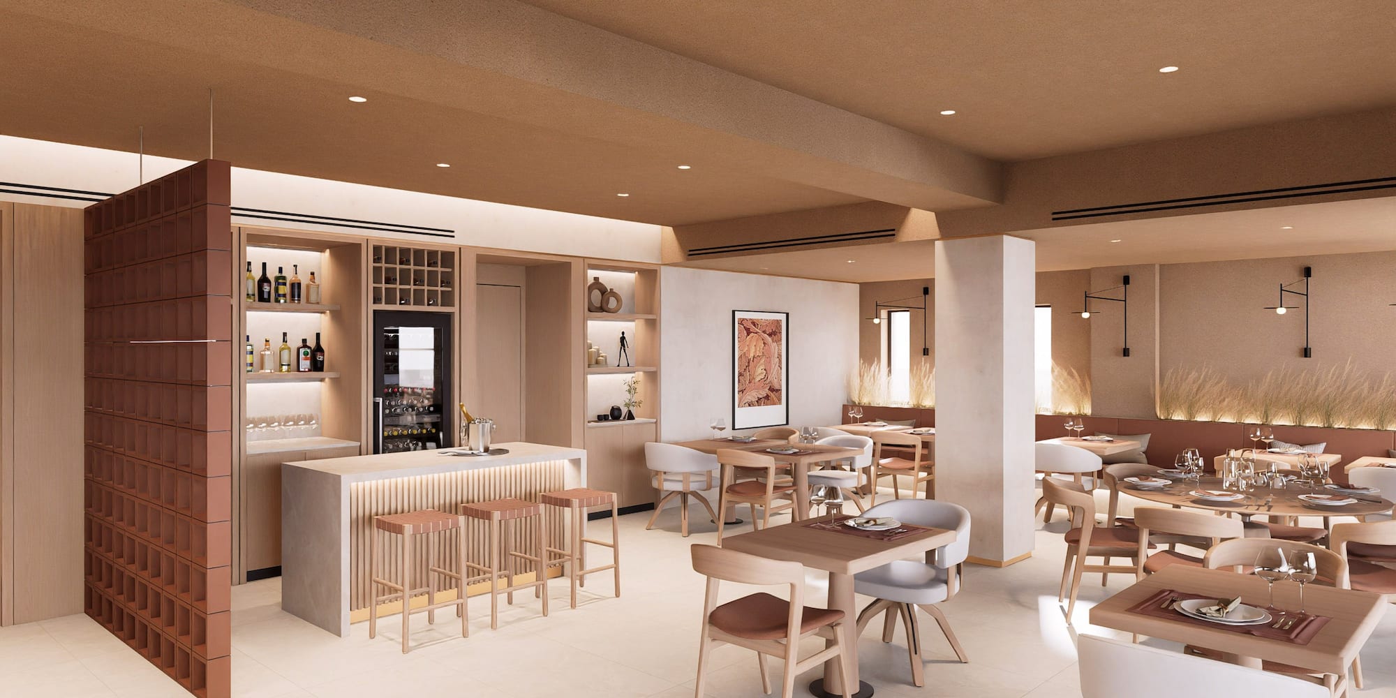 a room with tables and chairs