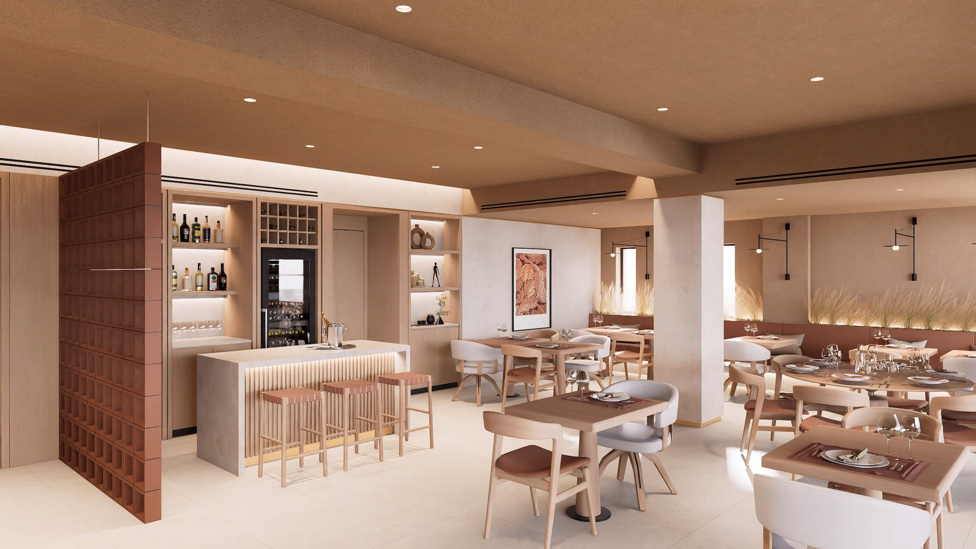 a room with tables and chairs