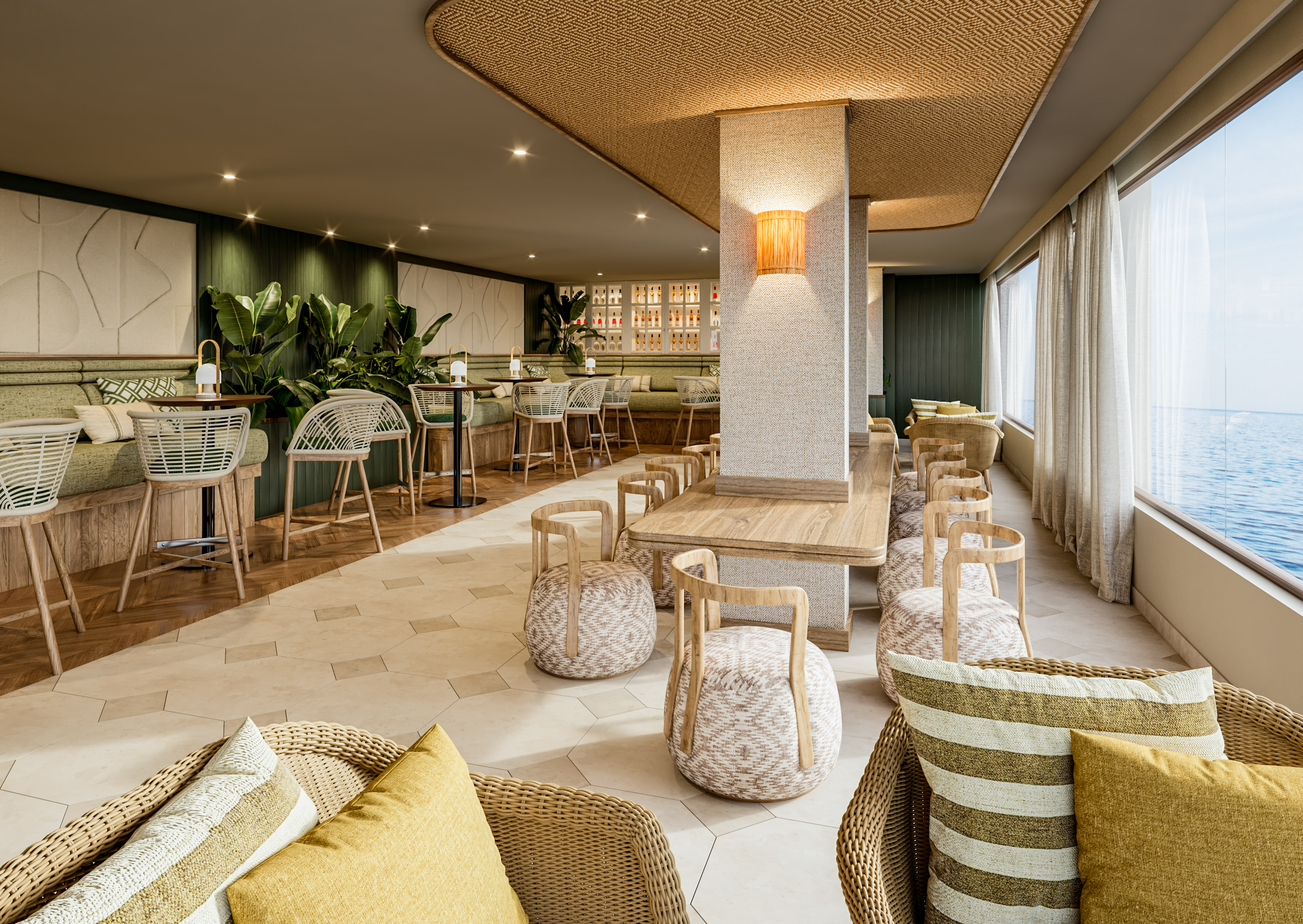 Coastal lounge bar with ocean view, rattan seating, and lush green accents.