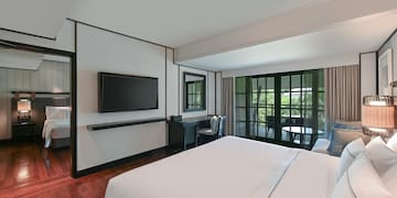 a room with a bed and a television