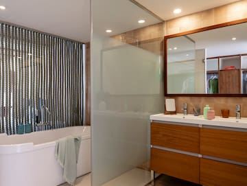 a bathroom with a shower and bathtub