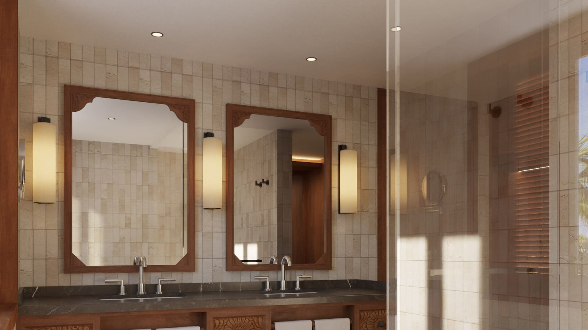 a bathroom with a shower and a double sink