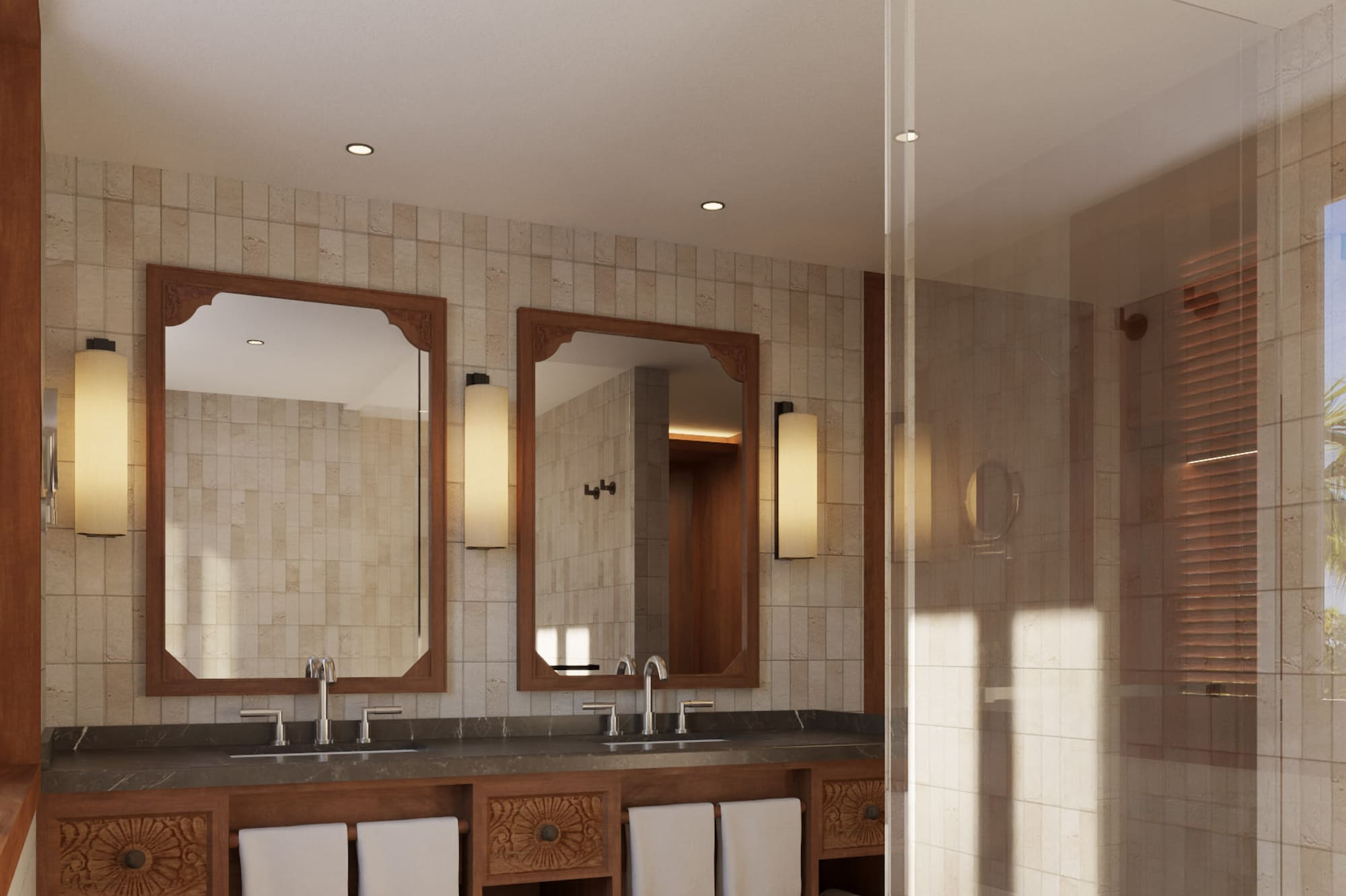 a bathroom with a shower and a double sink