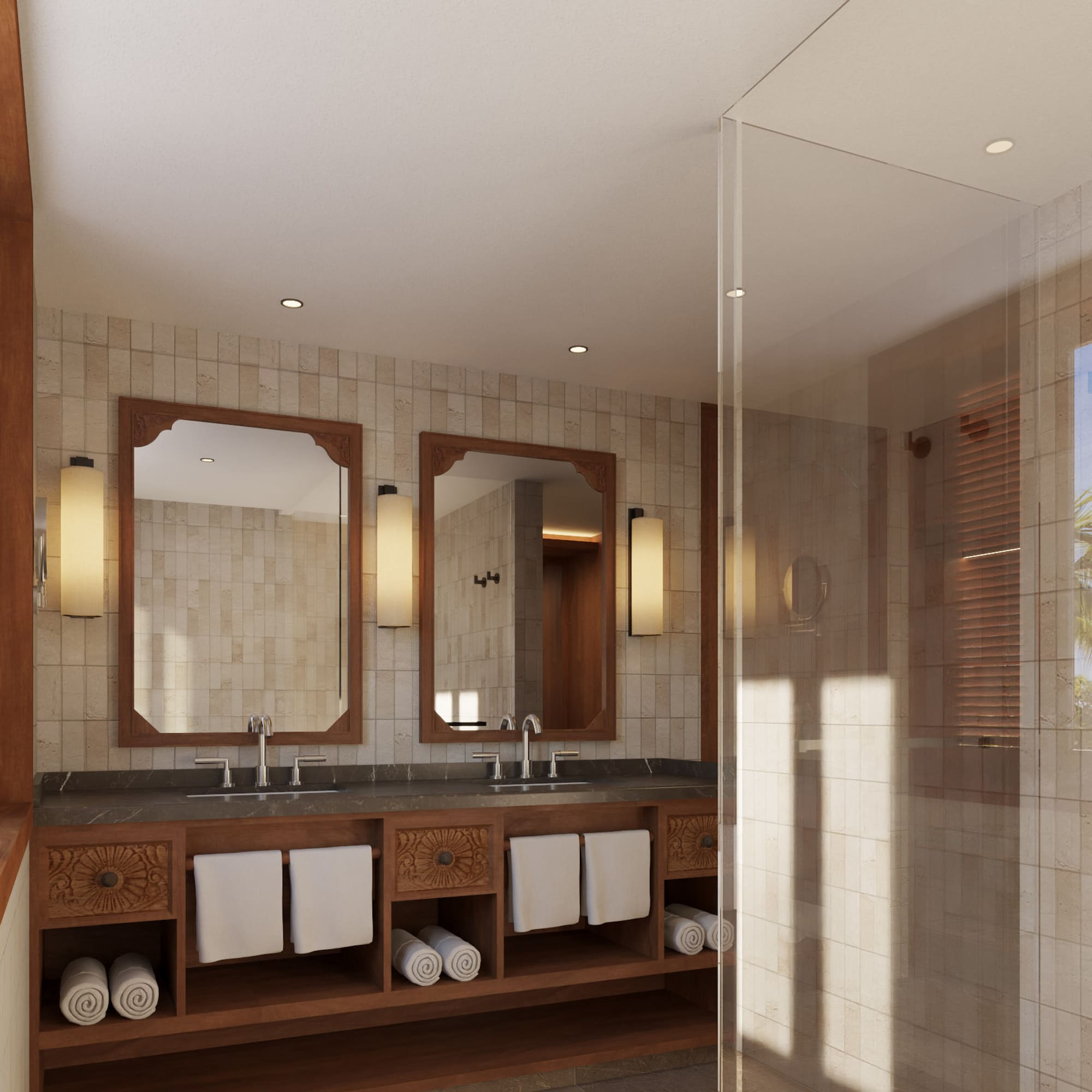 a bathroom with a shower and a double sink