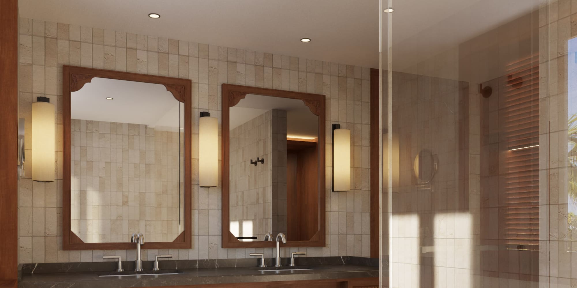 a bathroom with a shower and a double sink