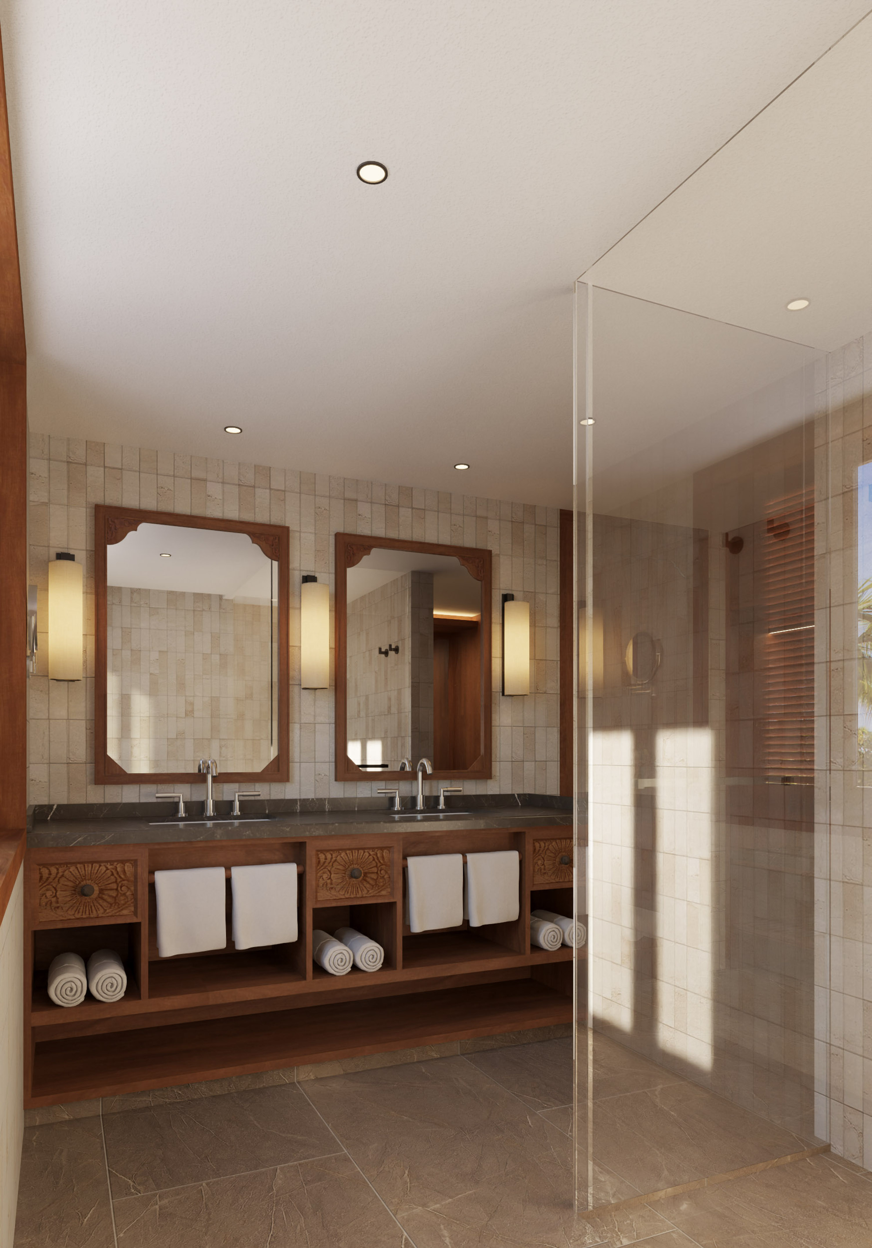 a bathroom with a shower and a double sink