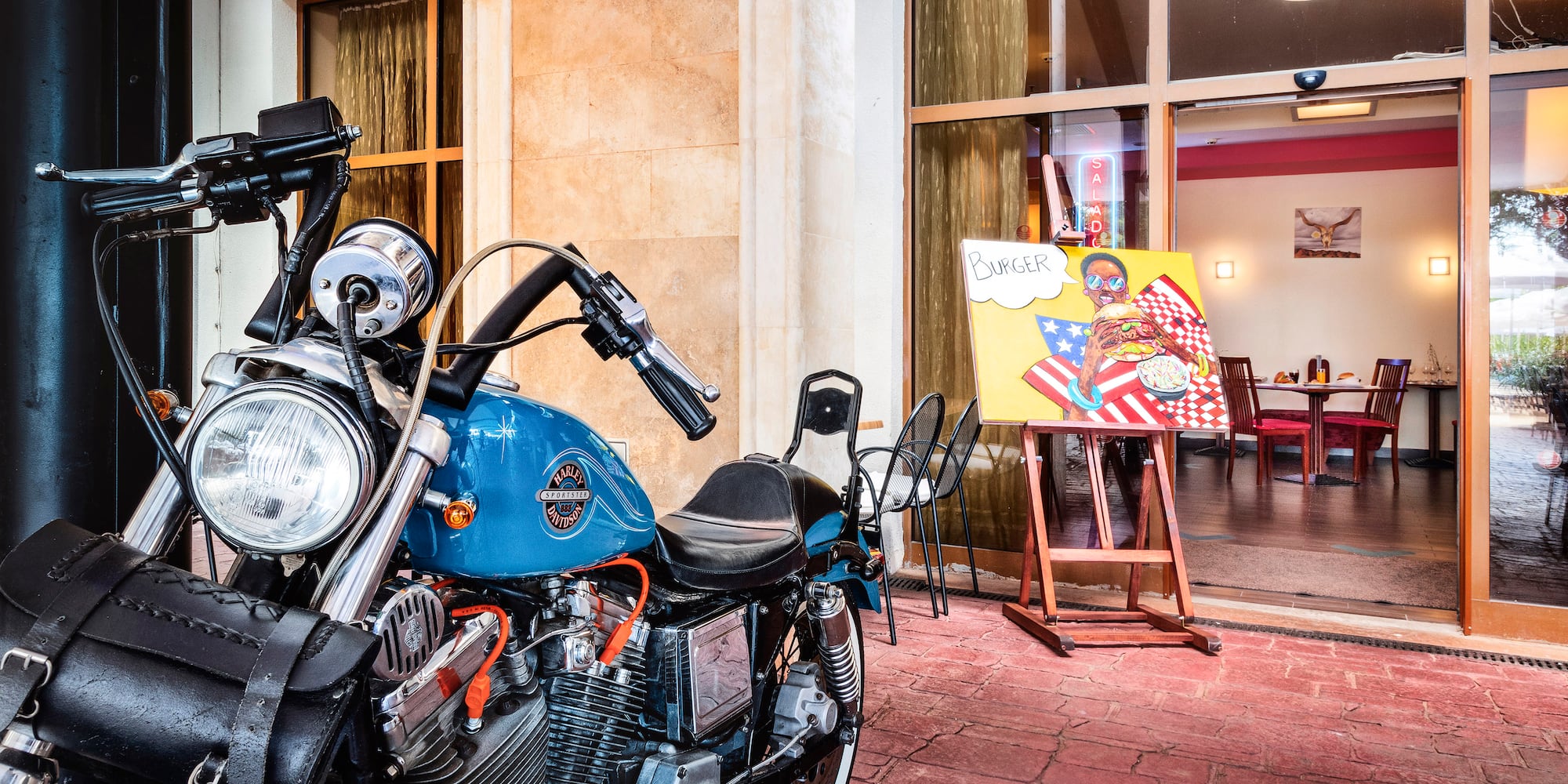 a motorcycle parked outside a building