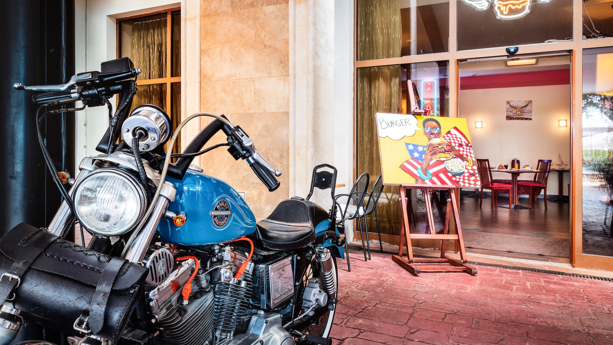 a motorcycle parked outside a building