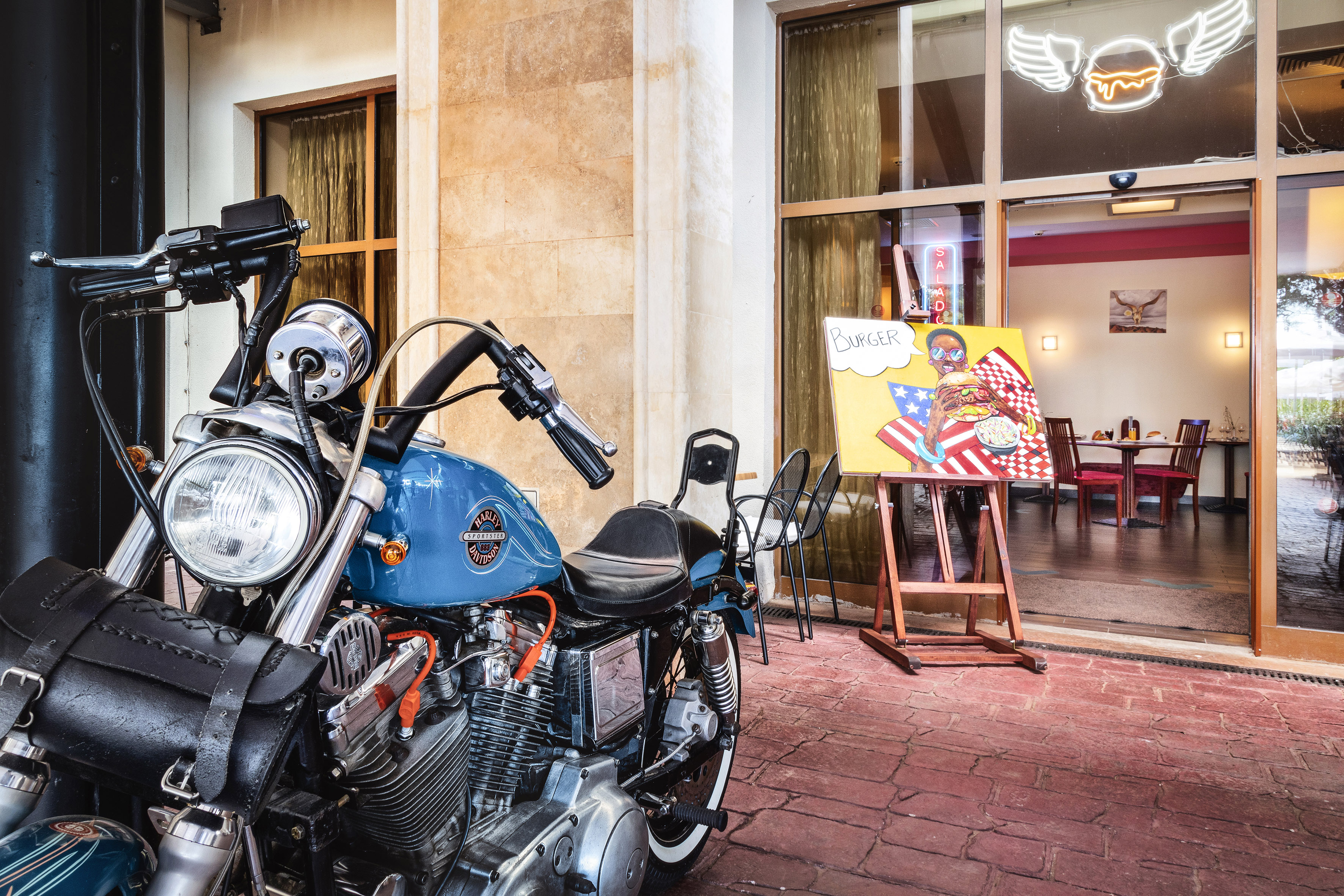 a motorcycle parked outside a building