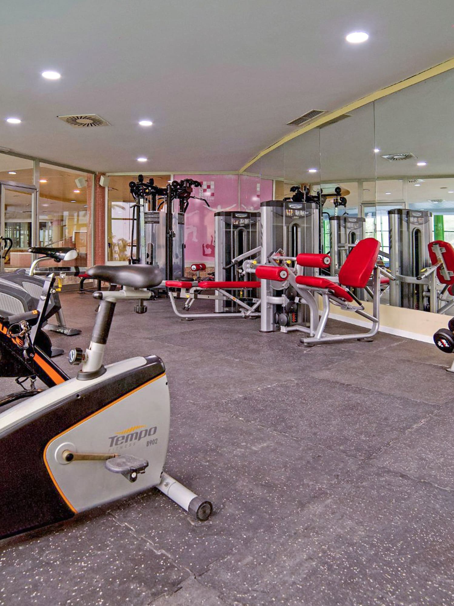 Modern gym with cardio machines, weight equipment, and dumbbell racks.